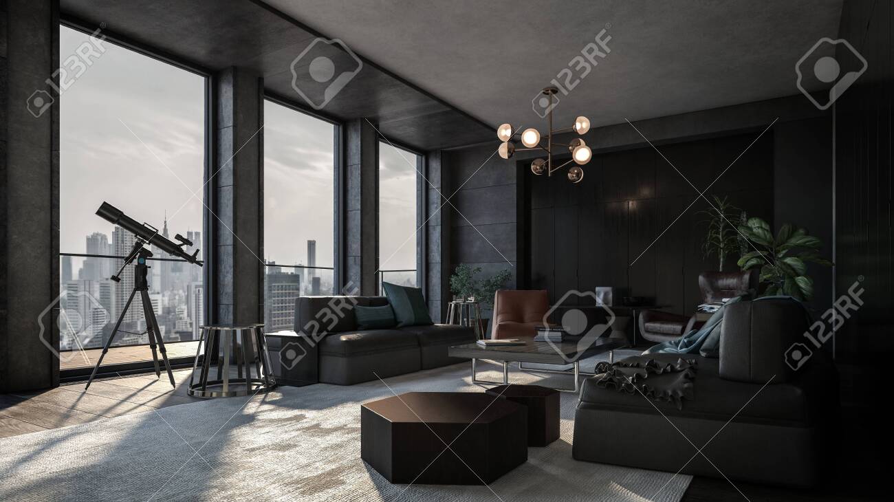 Luxury apartment with the view of downtown and the telescope near panoramic windows. Room with modern interior in dark grey and black colors and various living room furniture - 142466284 Luxury apartment with the view of downtown and the telescope near panoramic windows. Room with modern interior in dark grey and black colors and various living room furniture - 142466284