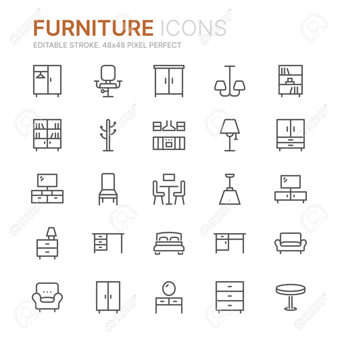Collection of furniture line icons. 48x48 Pixel Perfect. Editable stroke - 124897568 Collection of furniture line icons. 48x48 Pixel Perfect. Editable stroke - 124897568