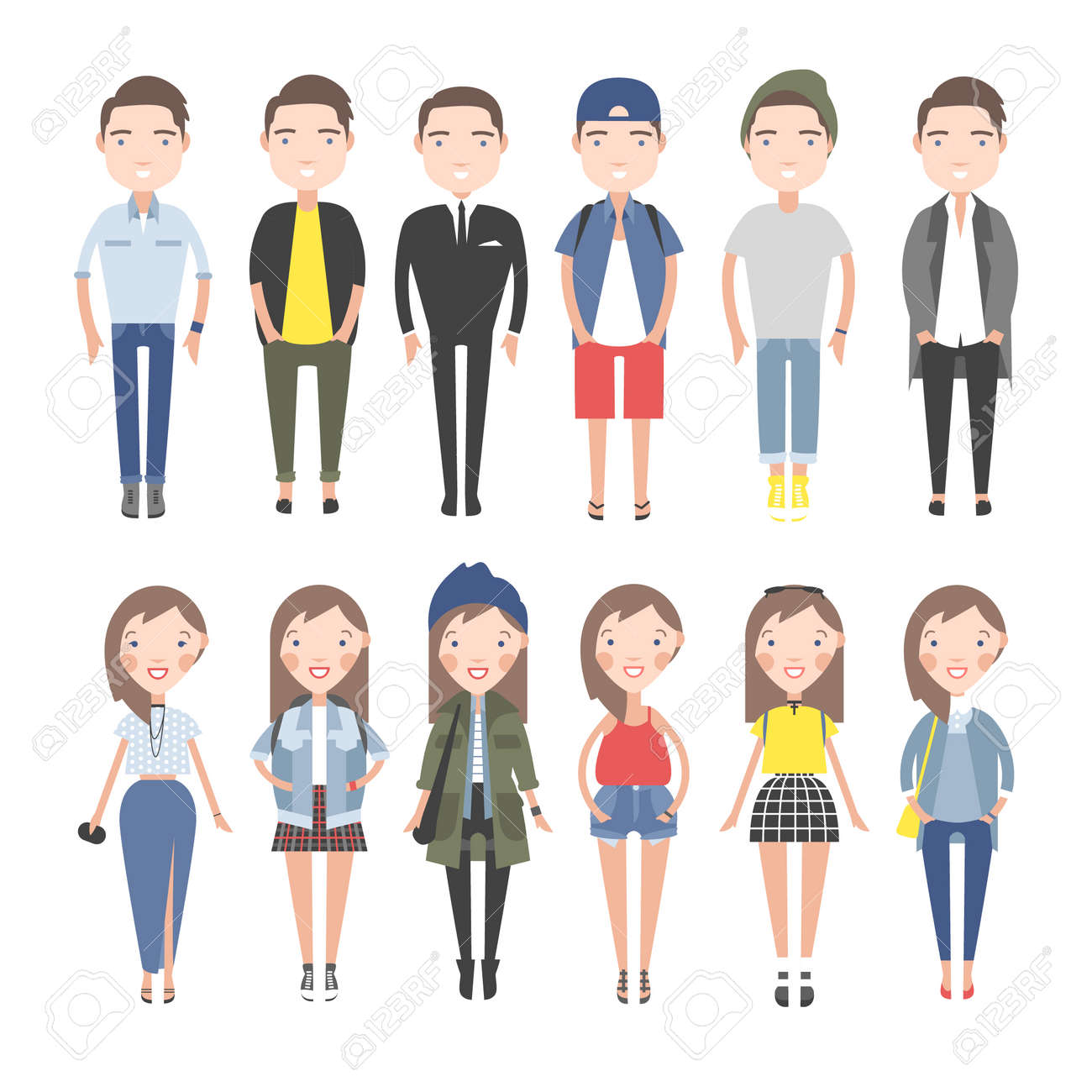 女の子と男の子にカジュアルな服装で設定します 白い背景の個々 の数字 のイラスト素材 ベクタ Image