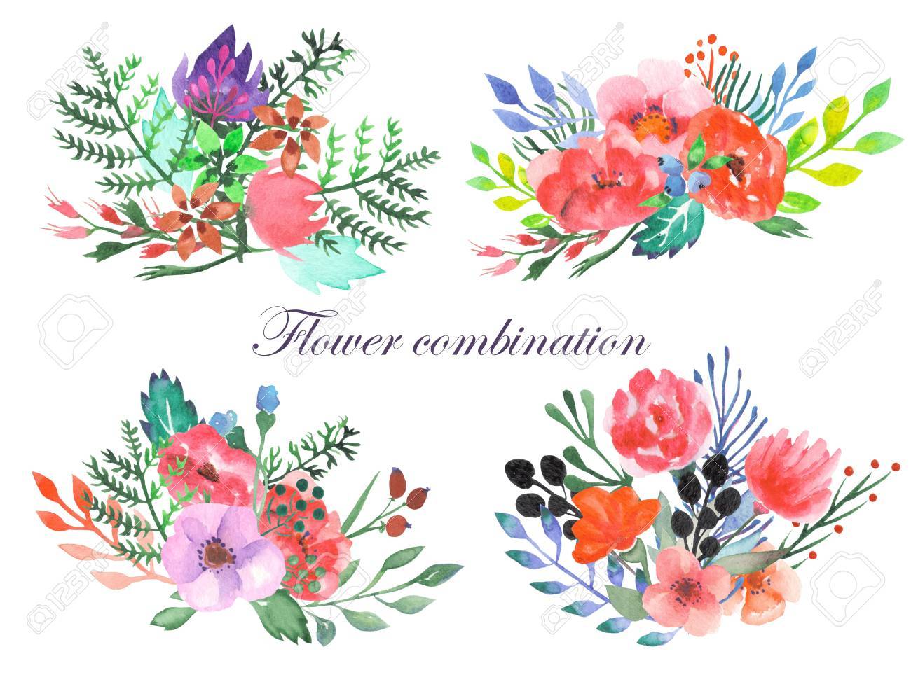 Set Von Blumenstraussen Mit Blumen Blatter Und Pflanzen In Aquarell Auf Weissem Hintergrund Gemalt Lizenzfreie Fotos Bilder Und Stock Fotografie Image