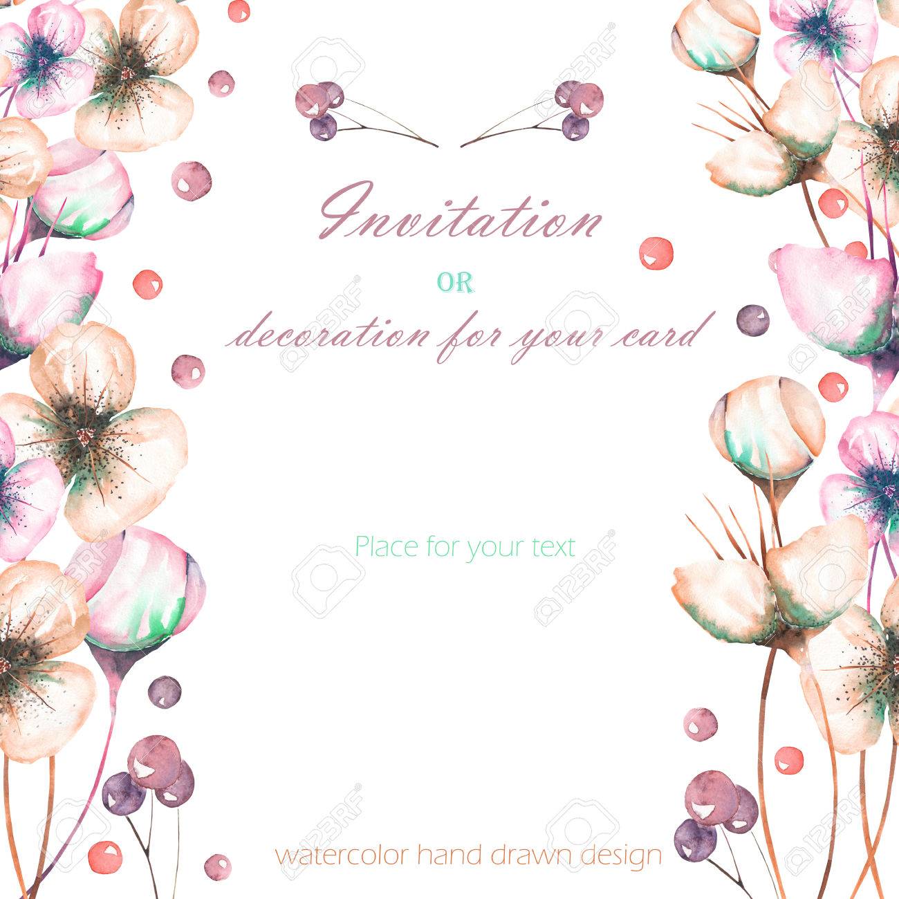 テンプレートはがき水彩ピンク抽象花と果実は 白の背景 結婚式のデザイン グリーティング カードや招待状に描かれた手 の写真素材 画像素材 Image