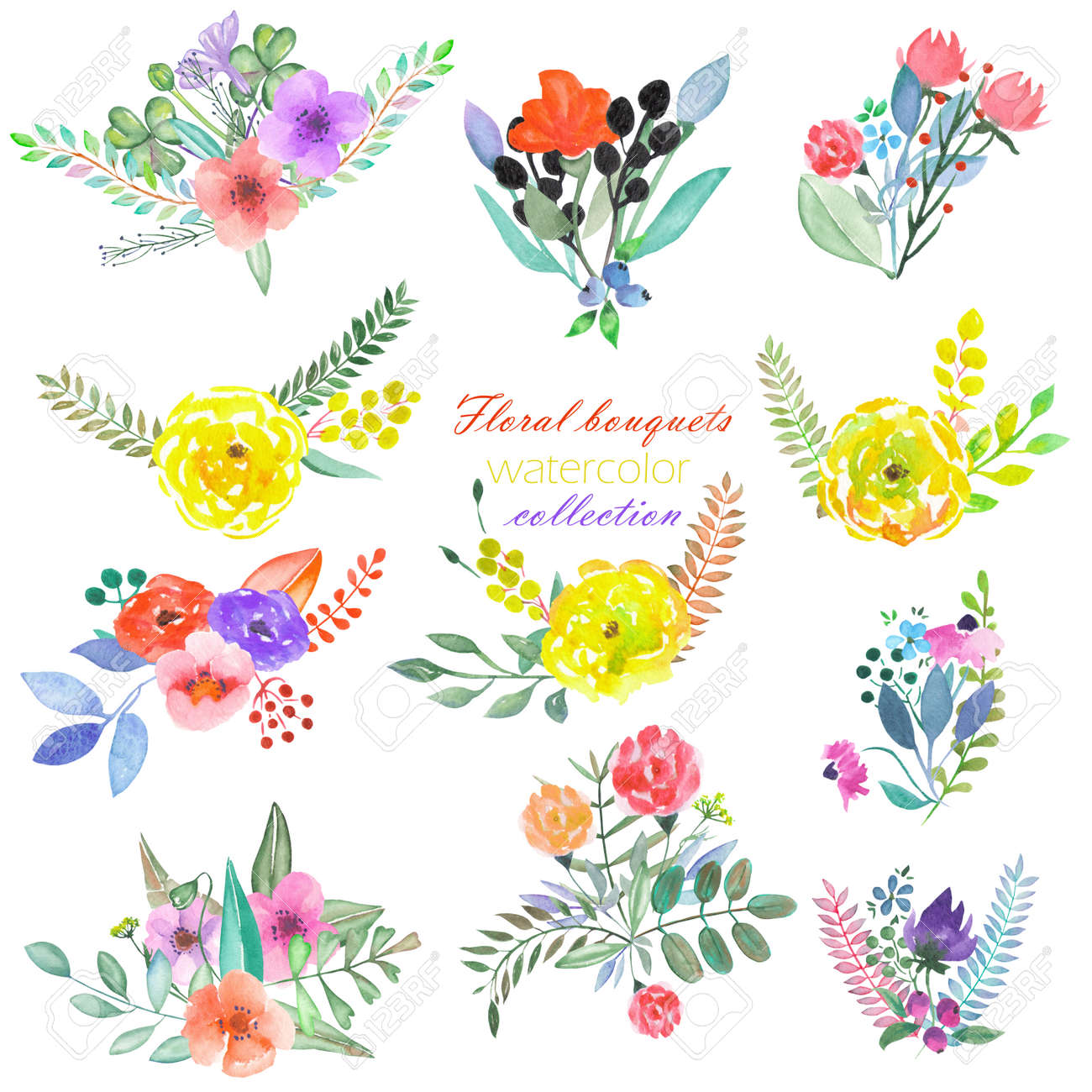 Set Von Blumenstraussen Mit Blumen Blatter Und Pflanzen In Aquarell Auf Weissem Hintergrund Gemalt Lizenzfreie Fotos Bilder Und Stock Fotografie Image