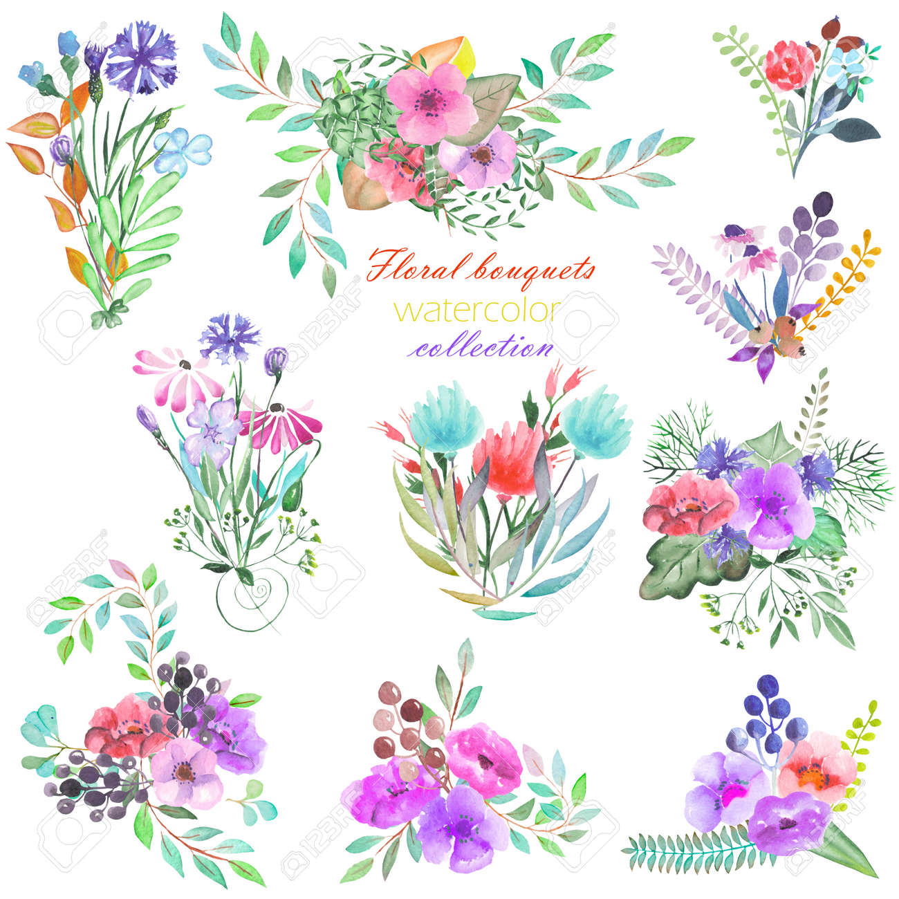 Set Von Blumenstraussen Mit Blumen Blatter Und Pflanzen In Aquarell Auf Weissem Hintergrund Gemalt Lizenzfreie Fotos Bilder Und Stock Fotografie Image