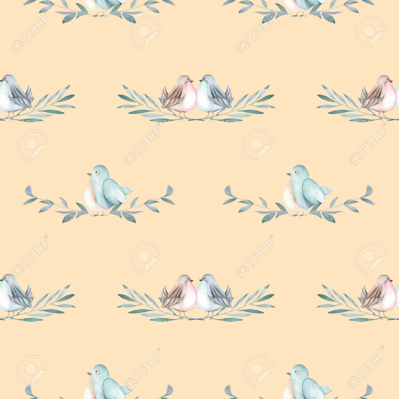 枝にかわいい鳥の水彩画とシームレスなパターンは クリーム色の背景に分離された手描き の写真素材 画像素材 Image