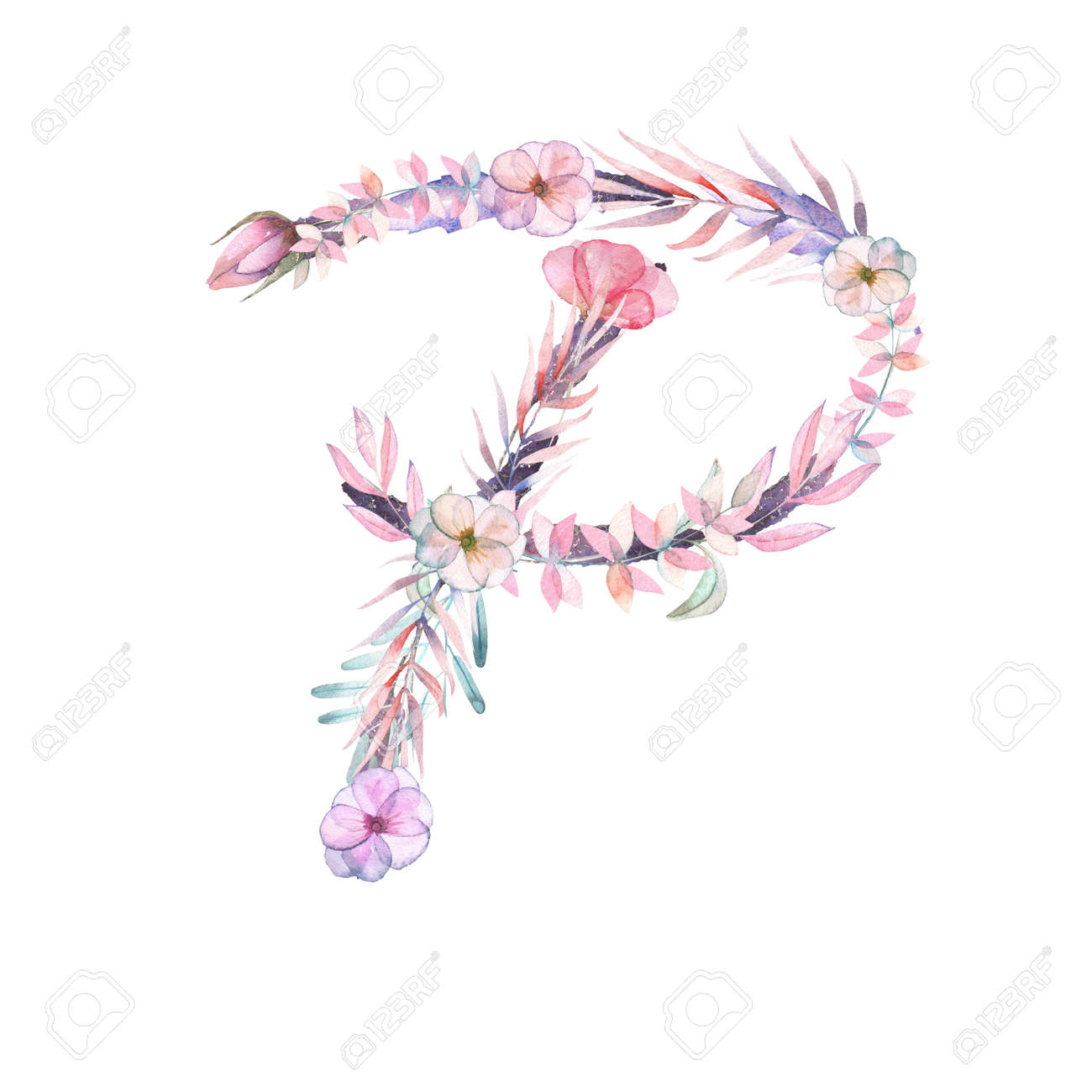 水彩のピンクと紫の花の大文字 P 分離ホワイト バック グラウンド ウェディング デザイン お祭りのための英語のアルファベットと結婚式の装飾 カードに描かれた手 の写真素材 画像素材 Image