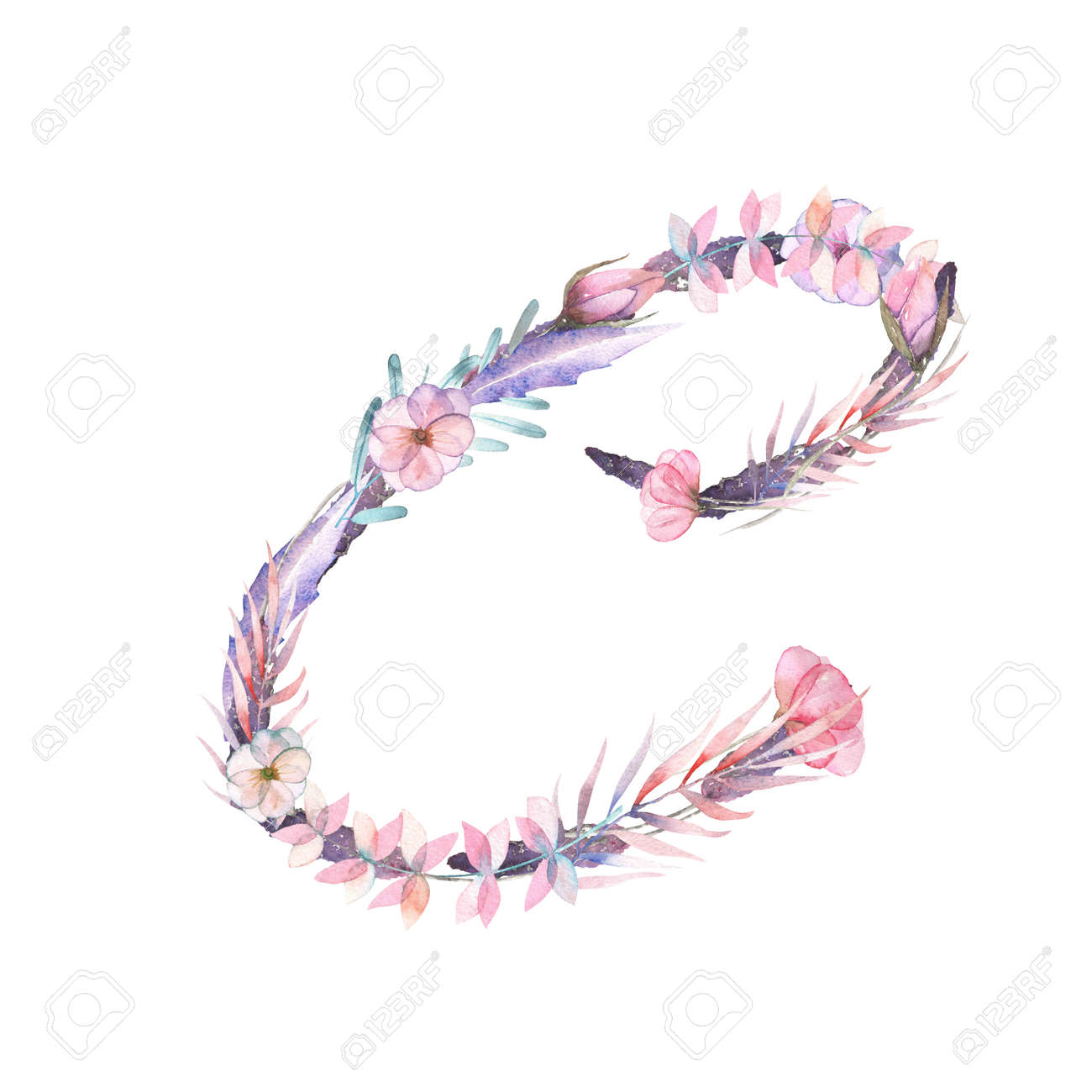 水彩のピンクと紫の花の大文字 C 分離ホワイト バック グラウンド ウェディング デザイン お祭りのための英語のアルファベットと結婚式の装飾 カードに描かれた手 の写真素材 画像素材 Image