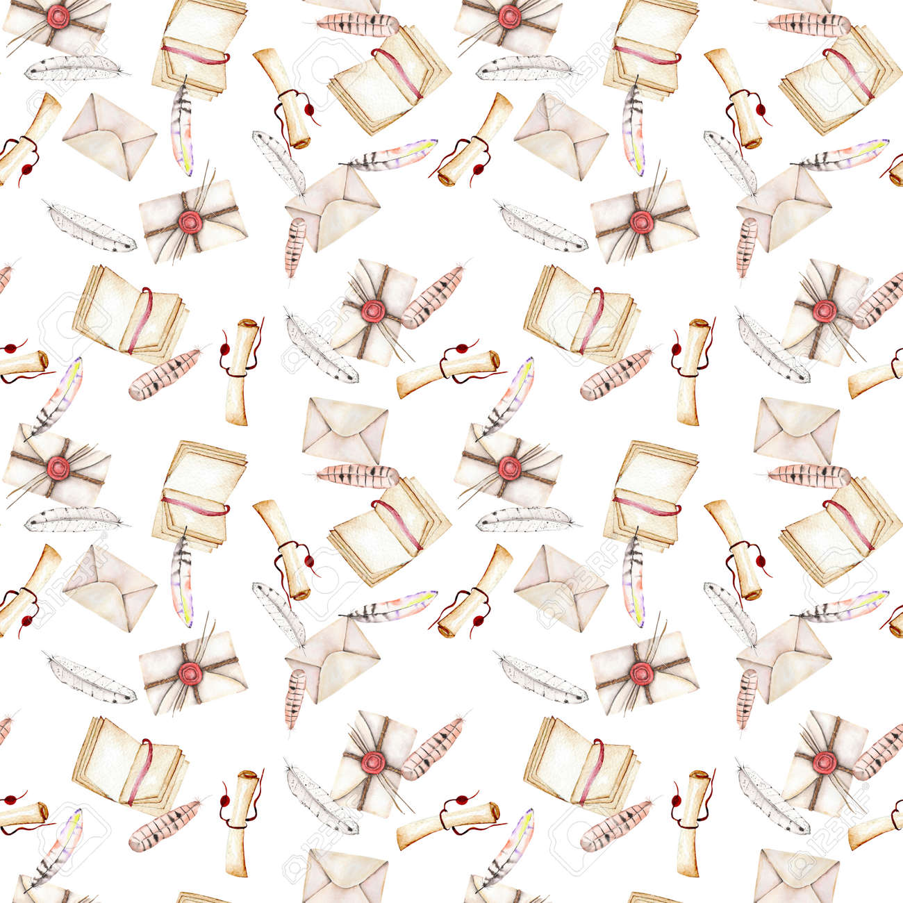seamless pattern with watercolor vintage mail envelopes feathers