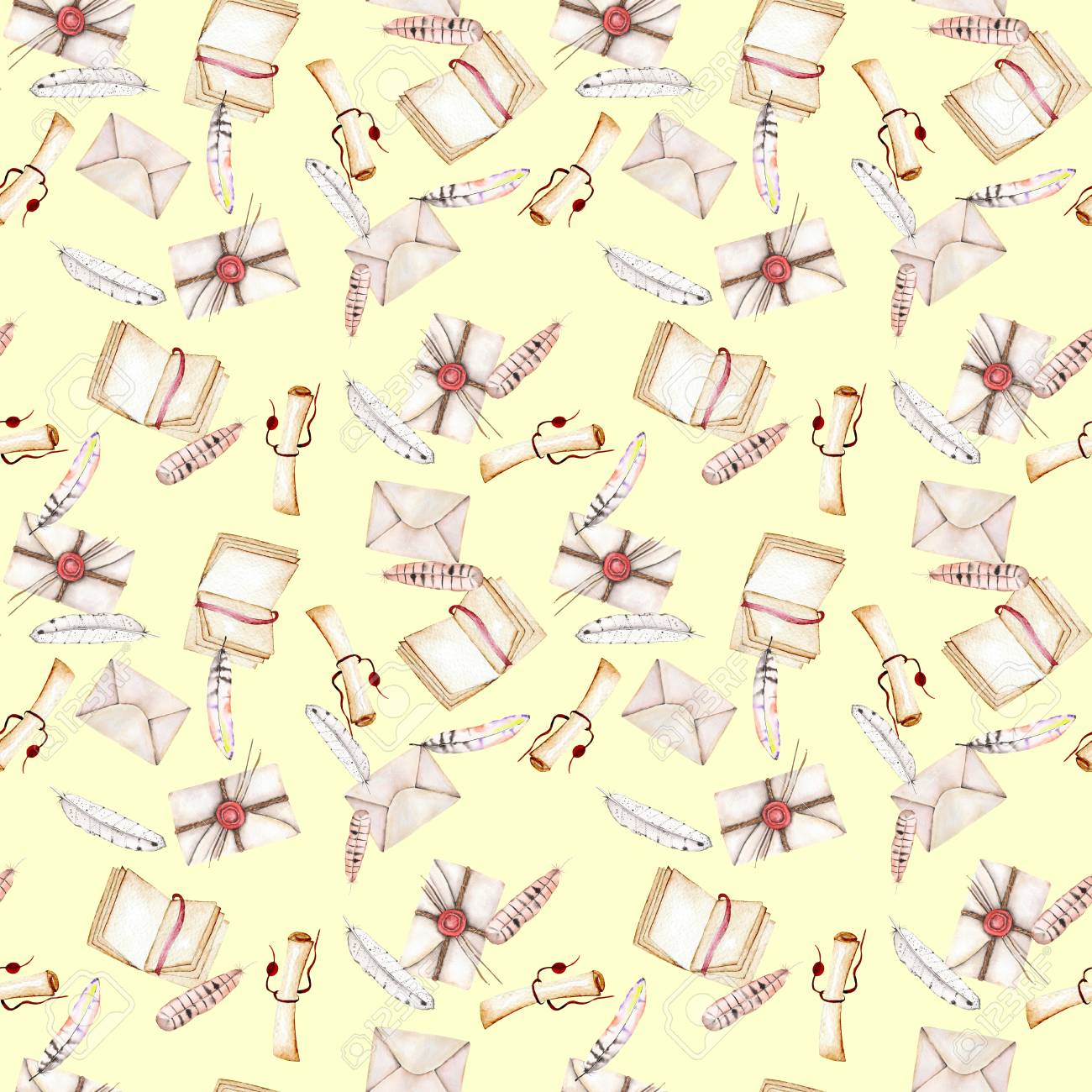 seamless pattern with watercolor vintage mail envelopes feathers