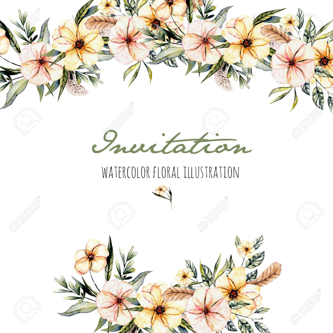 水彩のピンクの花と緑の葉の花束イラスト 手書きの招待状 カードの装飾と他作品 結婚式のデザイン グリーティング カードのための白い背景の上にテンプレートはがき の写真素材 画像素材 Image