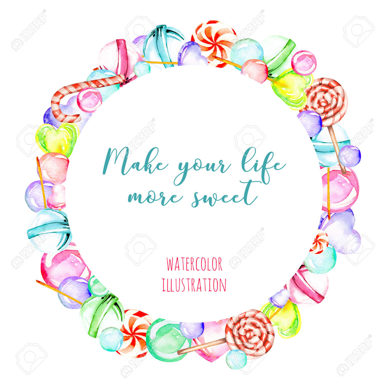 白い背景に分離された花輪 ロリポップ 手描きと水彩キャンディー円フレーム の写真素材 画像素材 Image