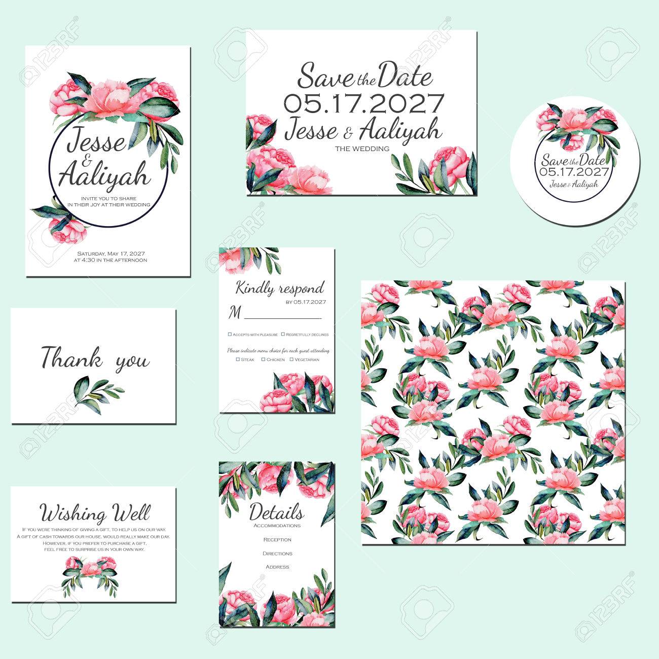 template cards set with watercolor red peonies wedding design