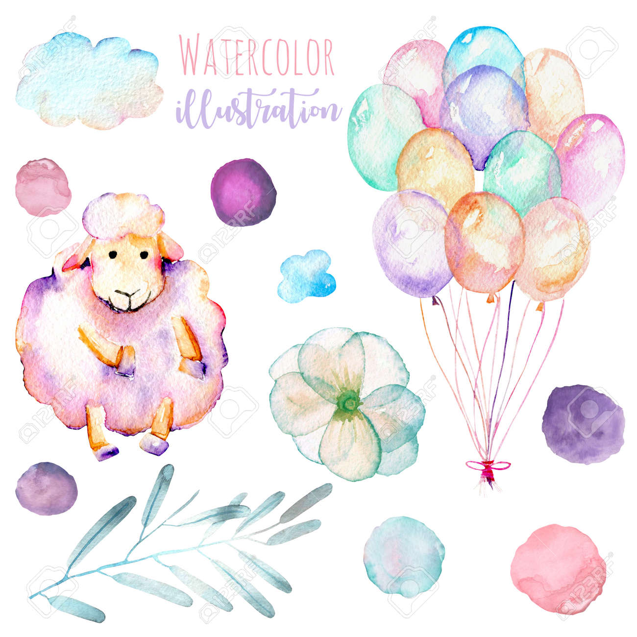 Set Of Watercolor Cute Pink Sheep Air Balloons Simple Flowers And Blots Illustrations Hand Drawn Isolated On A White Background Stock Photo Picture And Royalty Free Image Image