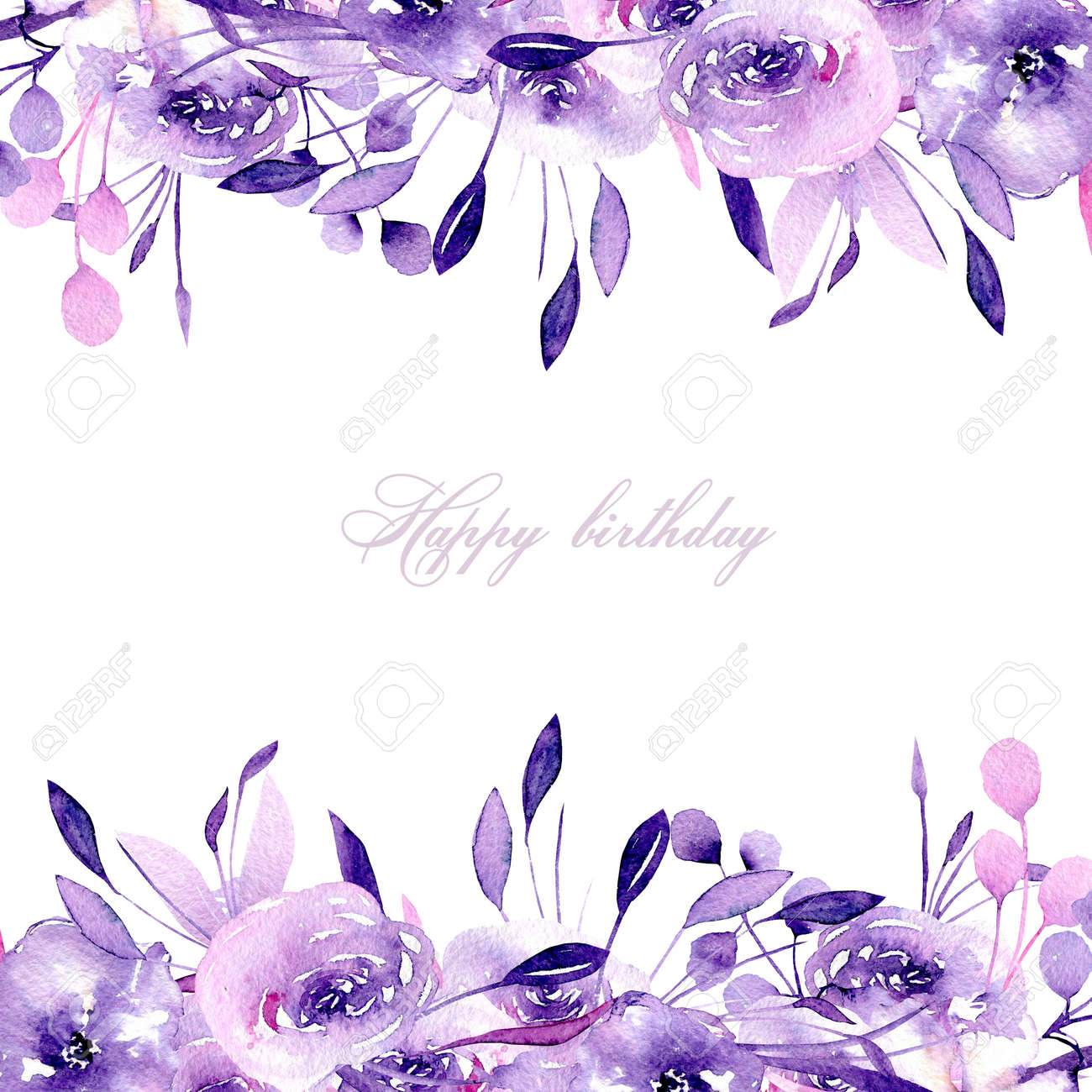 Floral Design Card With Watercolor Purple Roses And Herbs Hand