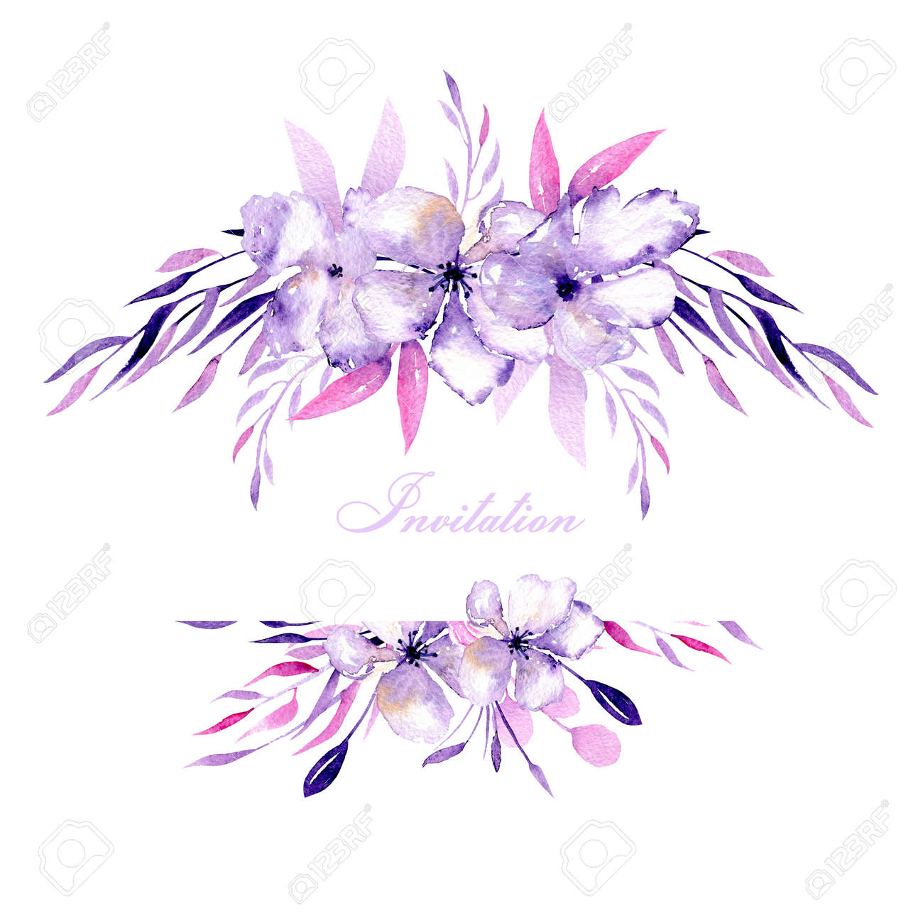Borda Do Quadro Com Aquarela Rosas Roxas Flores De Rododendro E Ramos Mao Desenhada Sobre Um Fundo Branco Para Casamento Aniversario E Outros Cartoes Fotos Retratos Imagenes Y Fotografia De Archivo Libres