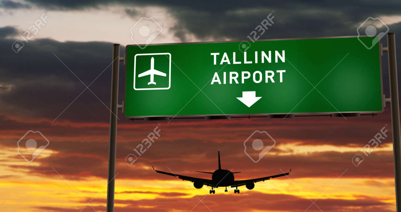 Airplane Silhouette Landing In Tallinn Estonia City Arrival