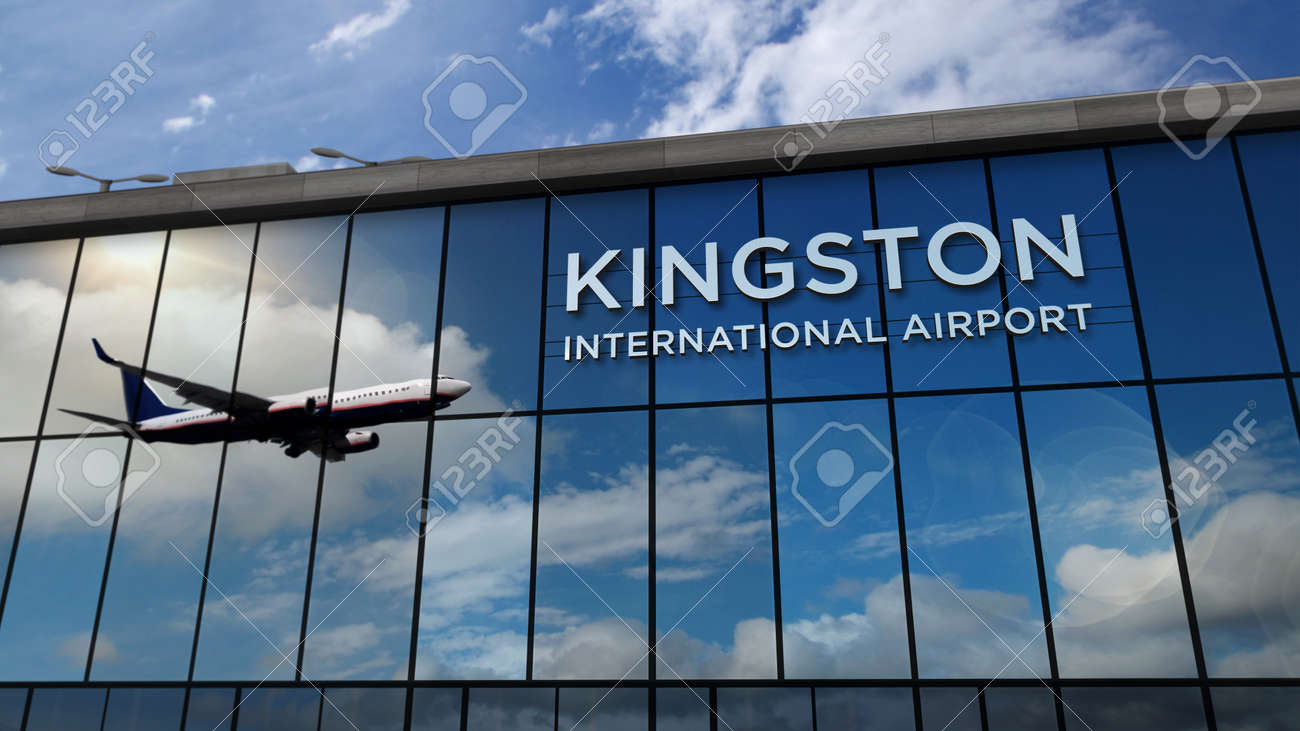 Jet aircraft landing at Kingston, Jamaica 3D rendering illustration. Arrival in the city with the glass airport terminal and reflection of the plane. Travel, business, tourism and transport concept. - 169697860 Jet aircraft landing at Kingston, Jamaica 3D rendering illustration. Arrival in the city with the glass airport terminal and reflection of the plane. Travel, business, tourism and transport concept. - 169697860