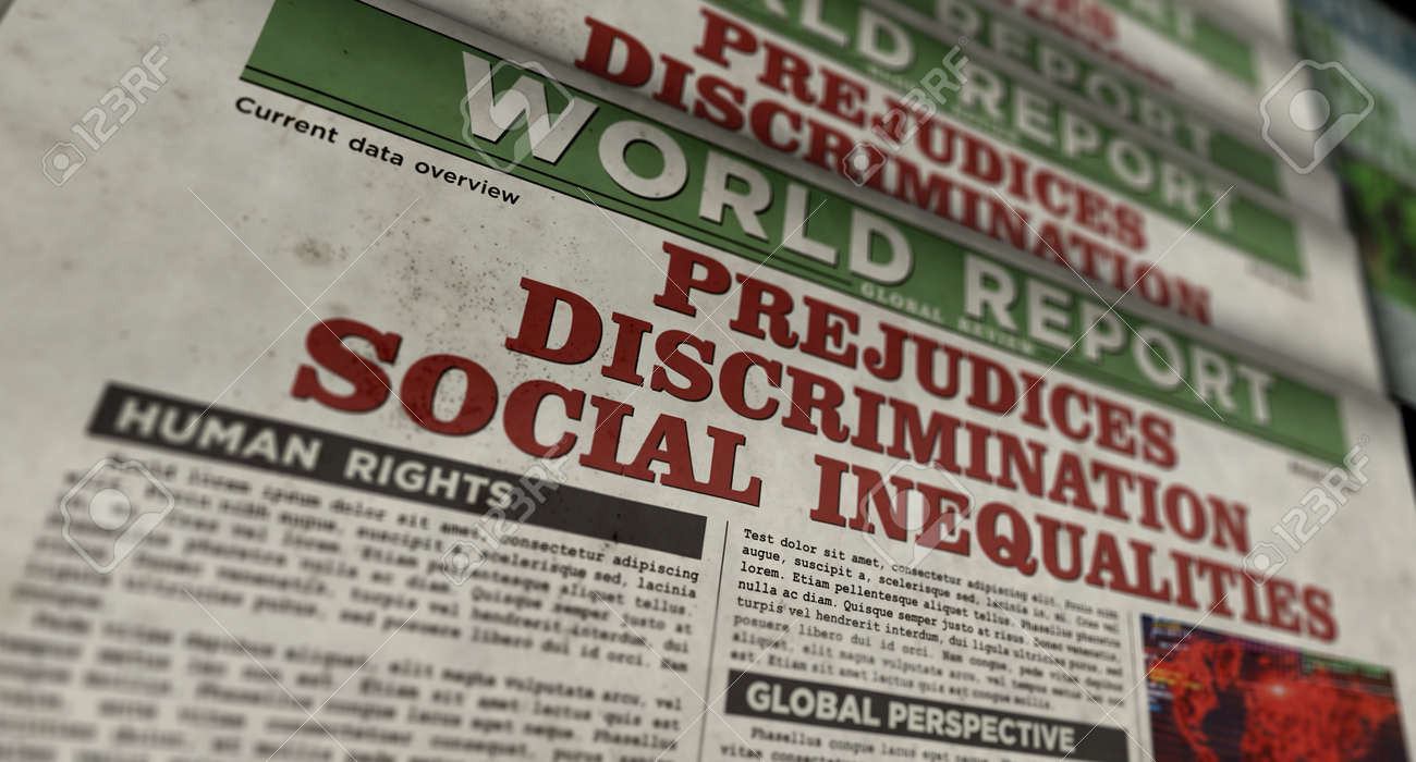 편견 차별 사회적 불평등과 편견 글로벌 위기 신문 인쇄 빈티지 언론 추상 개념 복고풍 3d 렌더링 그림 로열티 무료 사진, 그림,  이미지 그리고 스톡포토그래피. Image 173008354