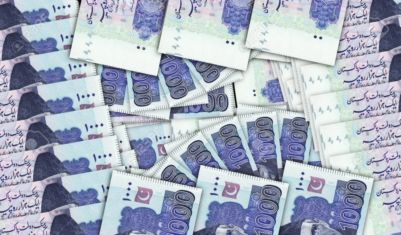 現金扇形のモザイク模様のパキスタンルピー紙幣。パキスタン1000PKR紙幣。銀行、金融、経済の装飾デザイン背景に3Dイラストの抽象的コンセプト。の写真素材・画像素材  Image 195390833