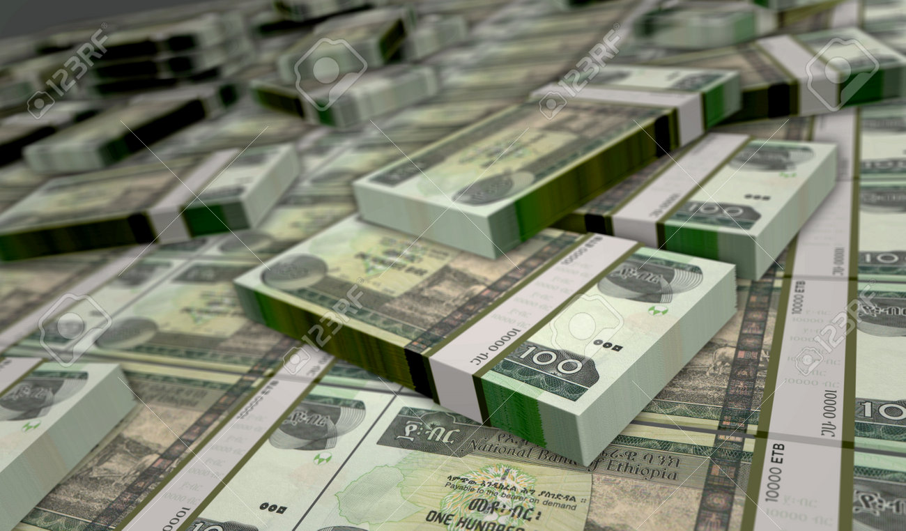 エチオピアのお金エチオピアブルのお金パック3Dイラスト。100ETB紙幣バンドルスタック。金融、現金、経済危機、ビジネスの成功、不況、銀行、税金、債務のコンセプト。の写真素材・画像素材  Image 200559177