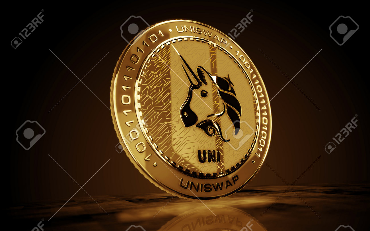 緑色の画面の背景にユニスワップユニ暗号通貨金貨。抽象的なコンセプト3Dイラスト。の写真素材・画像素材 Image 203420899