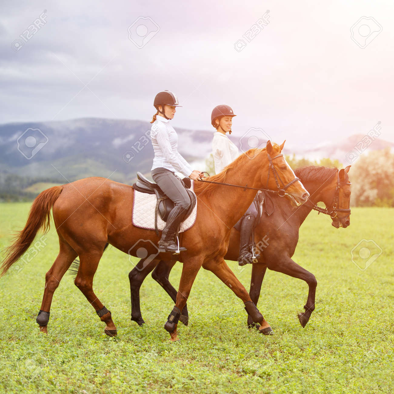 緑山の牧草地の馬に乗る若い女性 2 人 乗馬アクティビティの背景 の写真素材 画像素材 Image