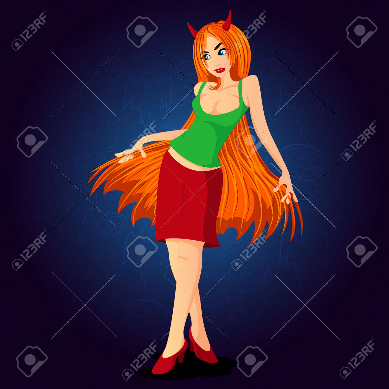 悪魔の女性は彼の頭に足を組んで立っている角 長い髪を保持します キャラ イラスト のイラスト素材 ベクタ Image