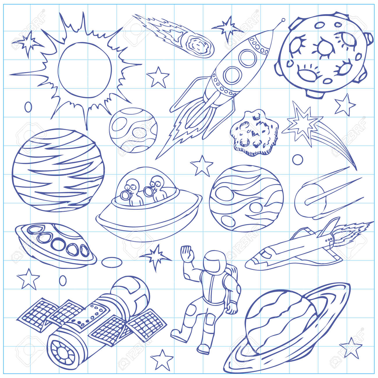 宇宙落書き シンボルやデザイン要素 宇宙船 Ufo 惑星 星 ロケット 宇宙飛行士 彗星と練習帳のシート 漫画の背景 手には ベクター グラフィックが描画されます のイラスト素材 ベクタ Image