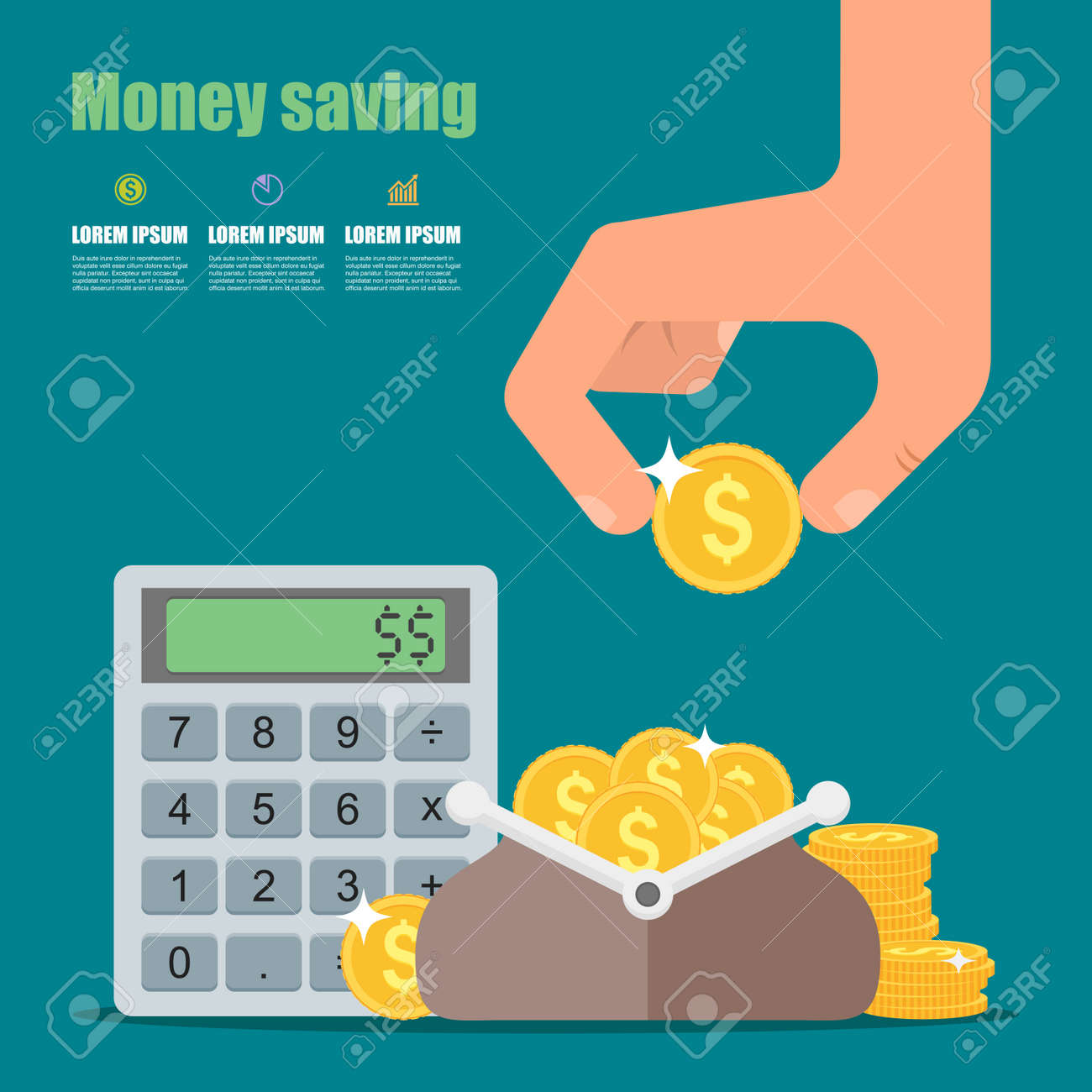 Money saving concept. Vector illustration in flat style design. Wallet full of coins, calculator and hand with coin. Finance symbols and icons. - 49157558 Money saving concept. Vector illustration in flat style design. Wallet full of coins, calculator and hand with coin. Finance symbols and icons. - 49157558