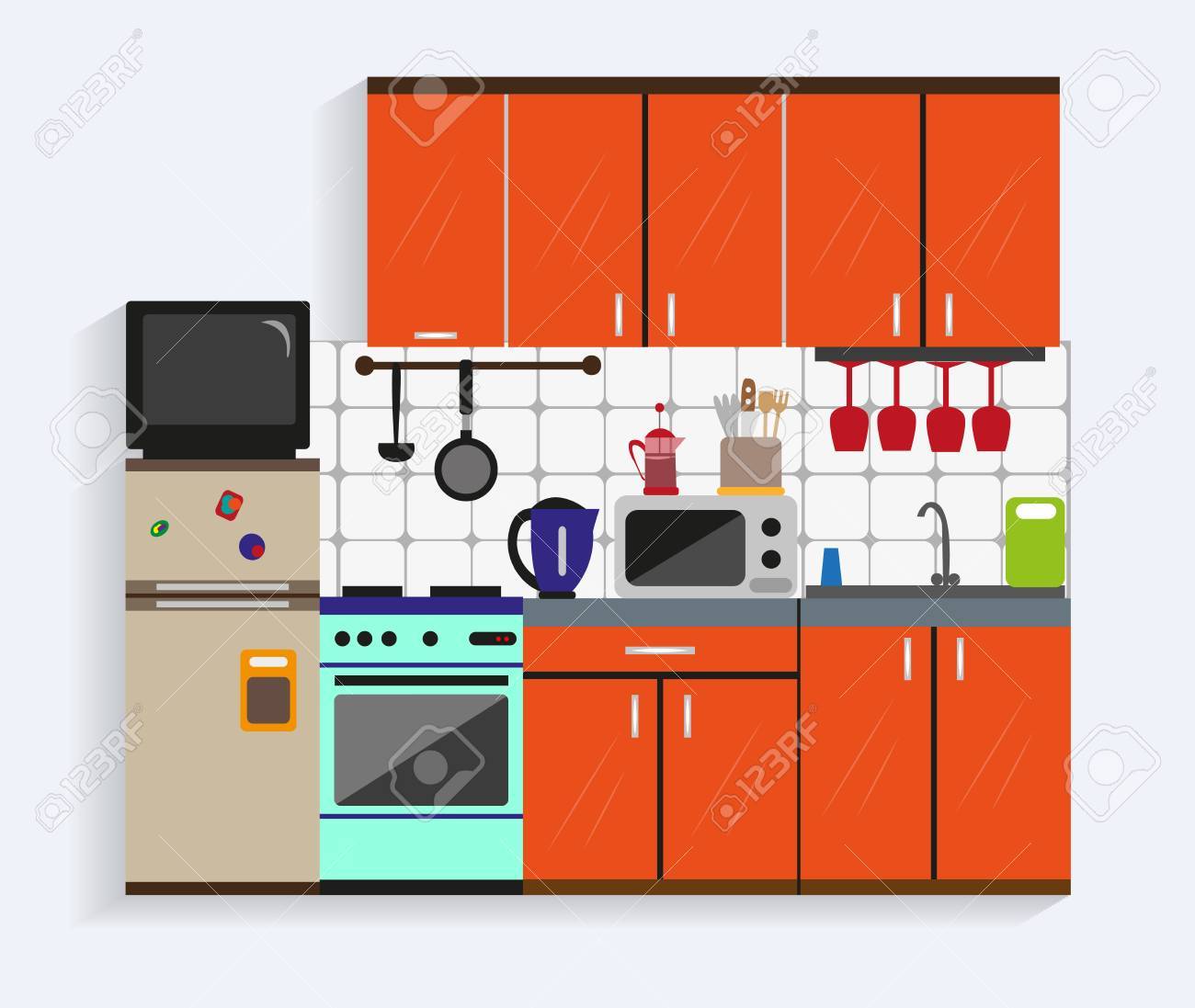 modern kitchen cabinets tools kitchen interior with furniture in flat style design elements modern kitchen cabinets tools kitchen interior with furniture in flat style design elements