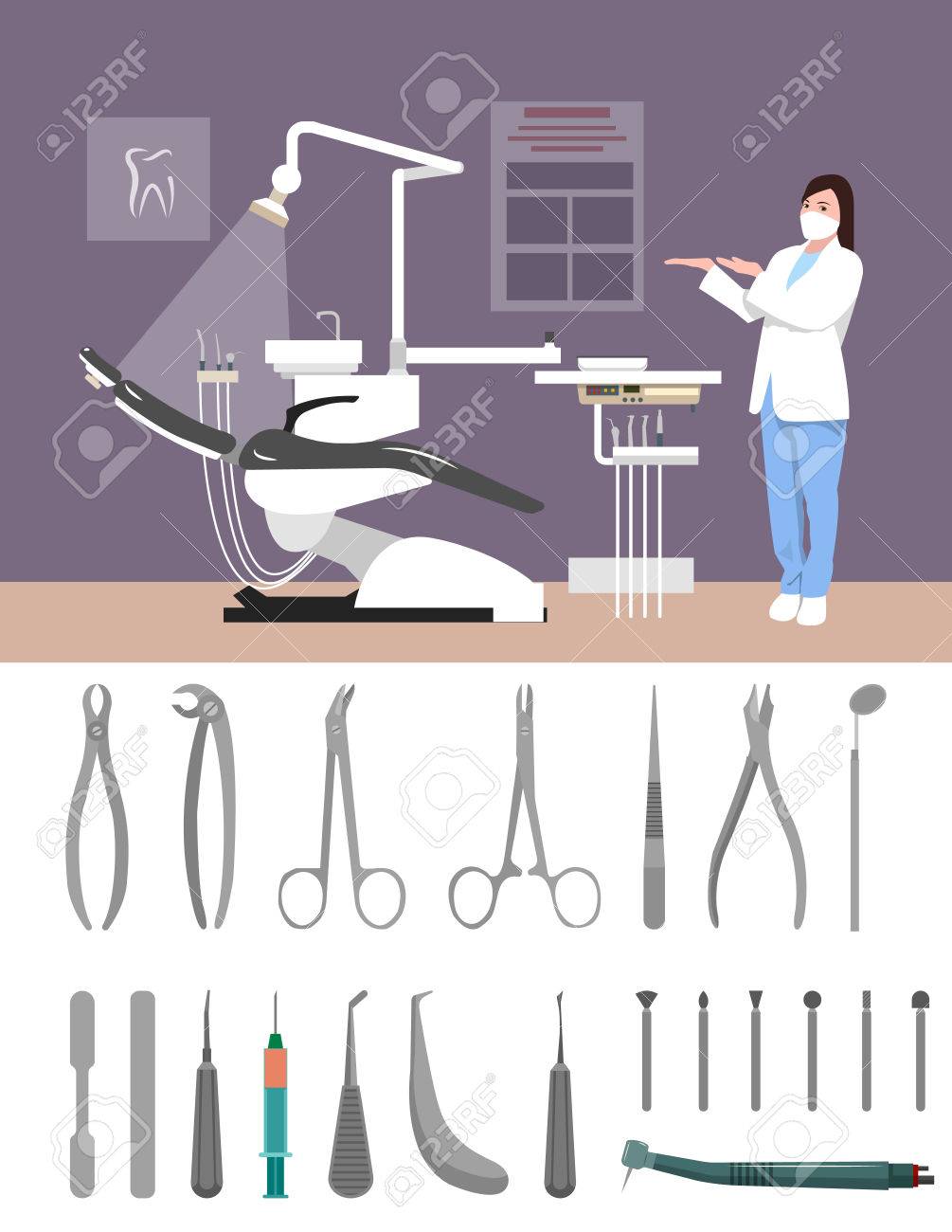 歯科医診療所間フラット スタイルのベクトル図です 歯科用ツールは 白い背景で隔離 病室で看護師します オフィス 歯科椅子 医者 楽器 のイラスト素材 ベクタ Image