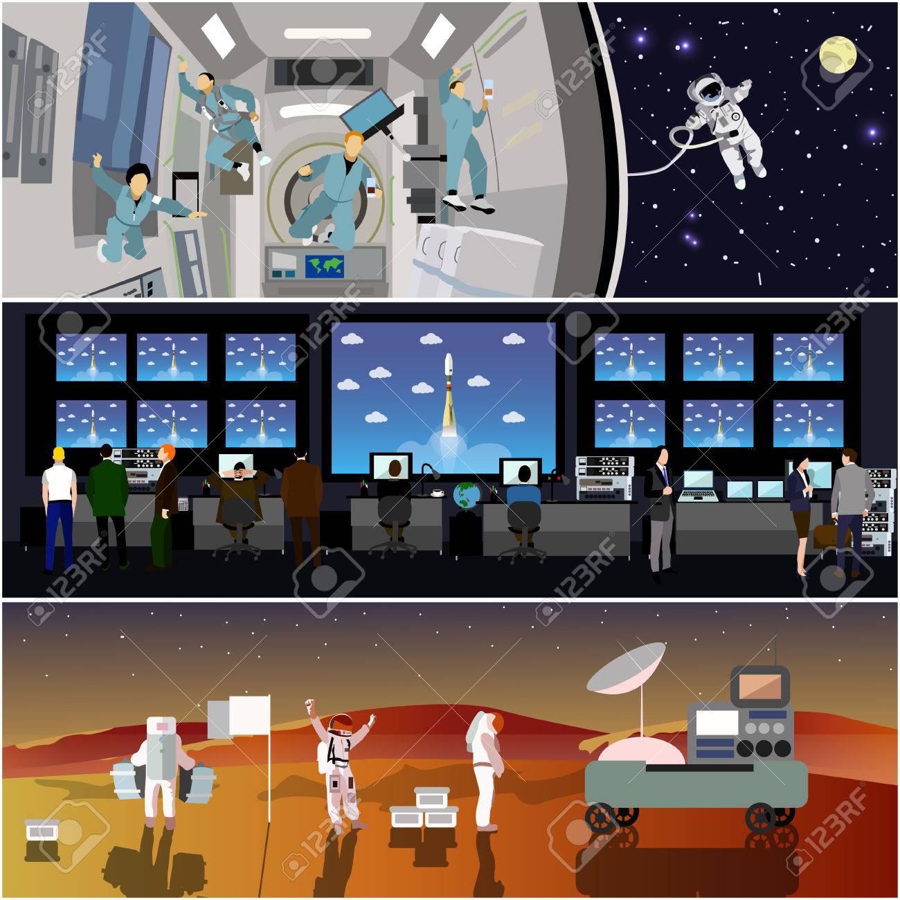 Space mission control center. Rocket launch vector illustration. Astronauts in space station and outer space. Landing to Mars landscape concept. - 53991138 Space mission control center. Rocket launch vector illustration. Astronauts in space station and outer space. Landing to Mars landscape concept. - 53991138