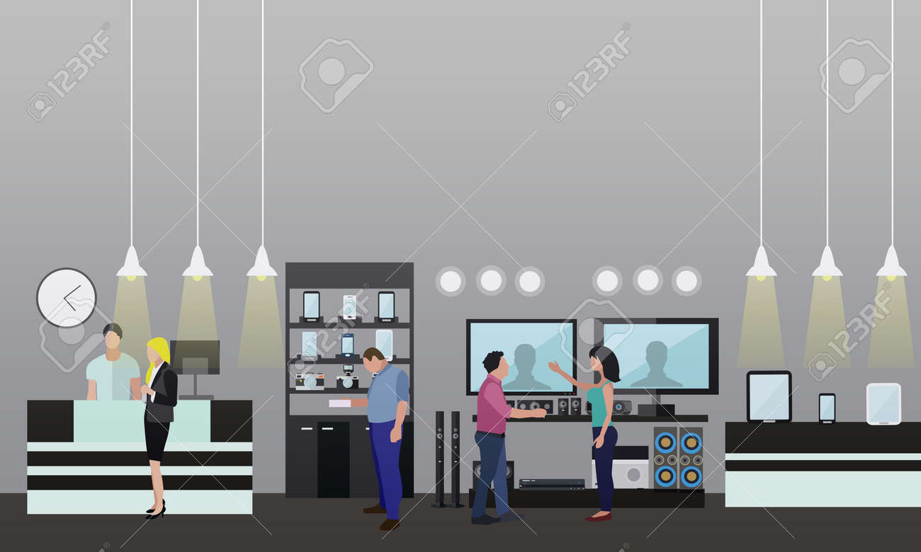 People shopping in a mall. Poster concept. Consumer electronics store Interior. Colorful vector illustration. Design elements and banners in flat style. - 53991219 People shopping in a mall. Poster concept. Consumer electronics store Interior. Colorful vector illustration. Design elements and banners in flat style. - 53991219