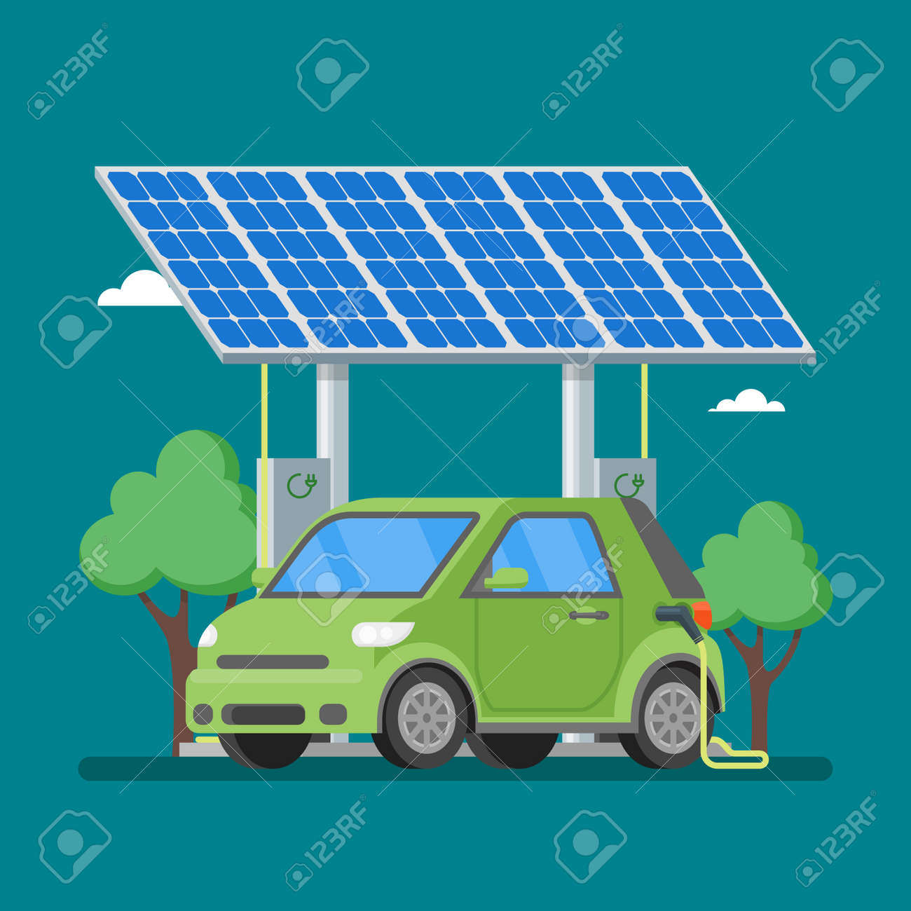 Chargeur De Voiture Electrique Au Poste De Chargeur Devant Les Panneaux Solaires Illustration Vectorielle En Style Plat Contexte Conceptuel Du Transport Ecologique Clip Art Libres De Droits Vecteurs Et Illustration Image 56633199