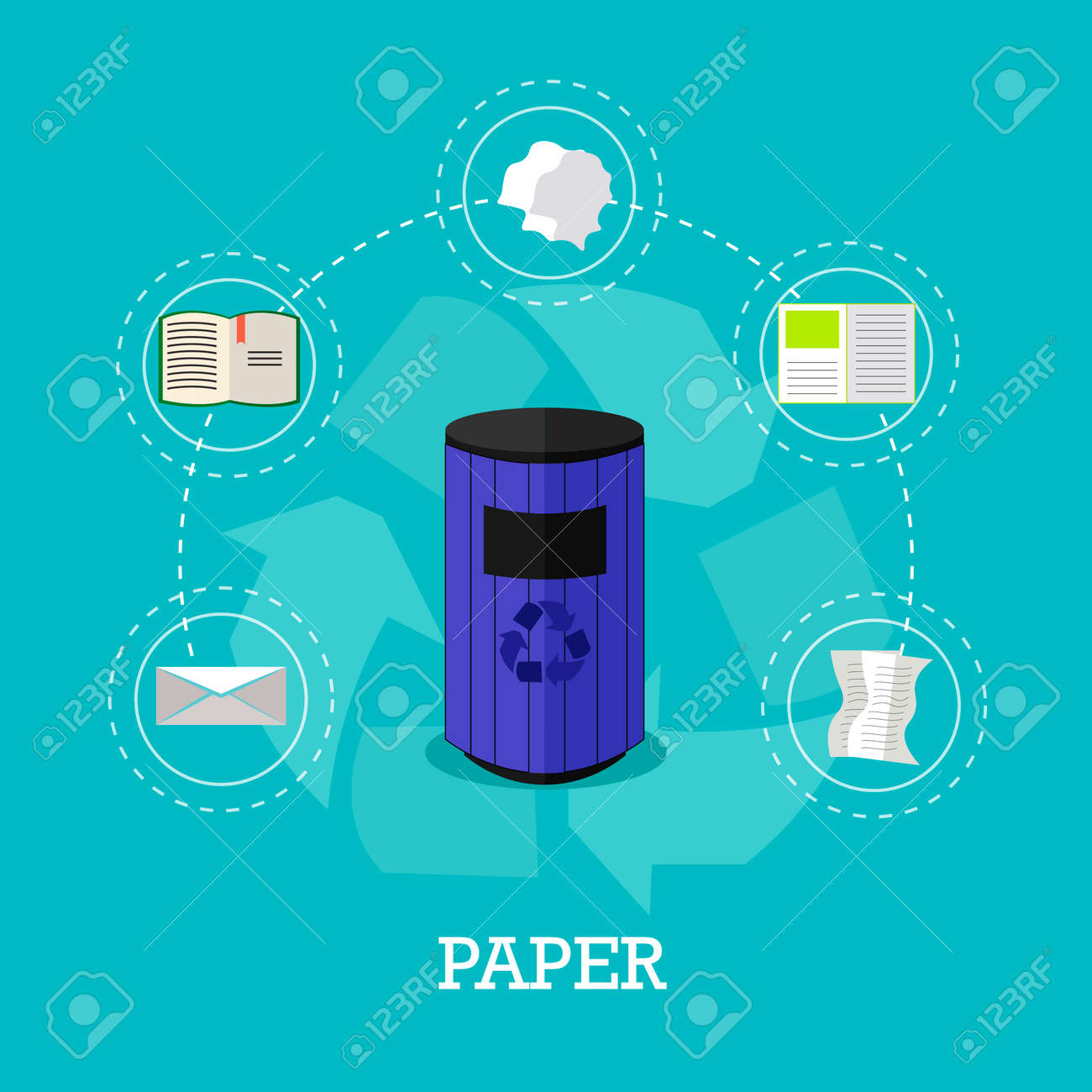 ごみリサイクル概念ベクトル イラスト フラット スタイル 紙廃棄物リサイクルのポスターやアイコンの ゴミ箱 のイラスト素材 ベクタ Image