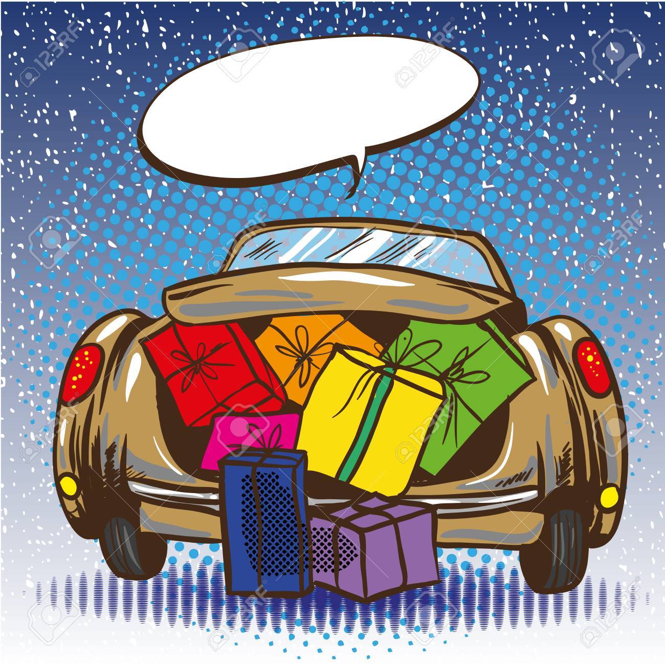 レトロなポップなアート コミック スタイルのギフトの開いた車のトランクのベクター イラストです 休日のショッピング メリー クリスマス プレゼント の イラスト素材 ベクタ Image