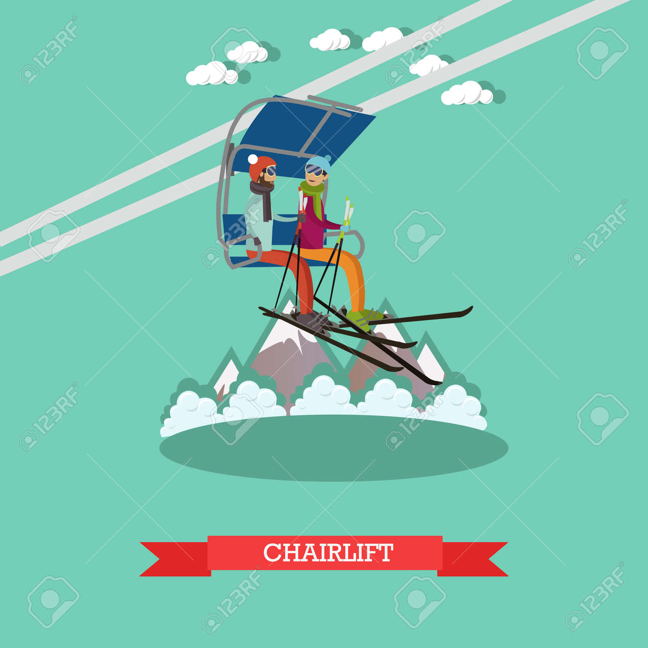 Vector Illustration Of Young Couple Going Up On Ski Lift. Downhill ... Vector Illustration Of Young Couple Going Up On Ski Lift. Downhill ...