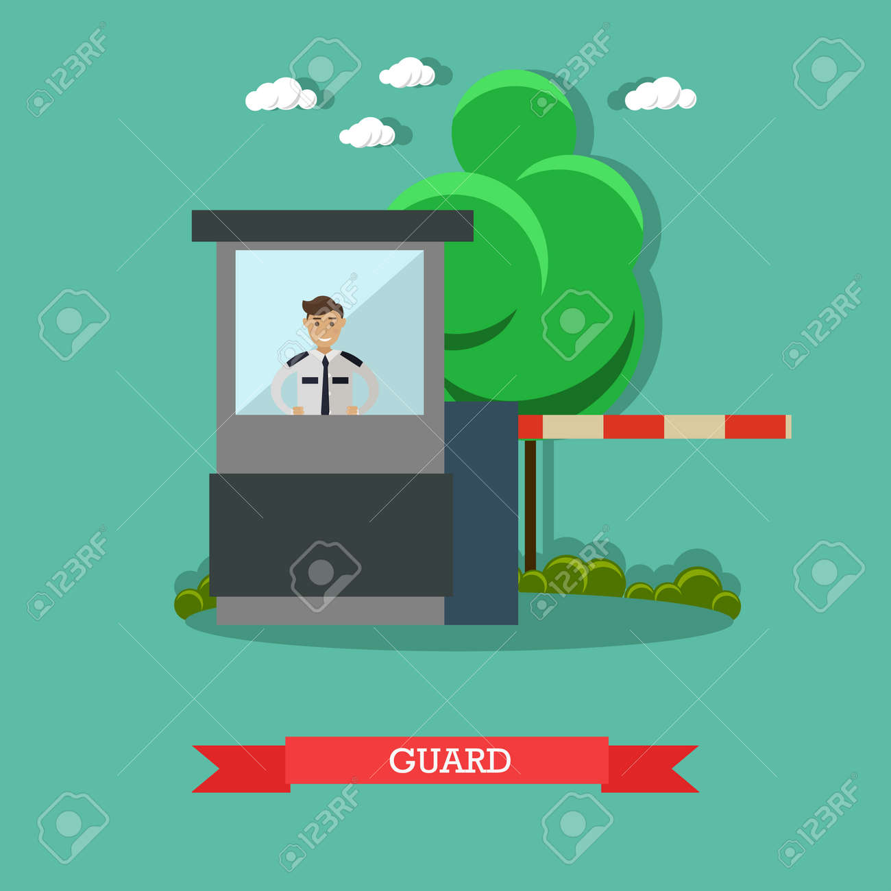 ベクトルまたはアテンダント立ってガード ブースの中を駐車場のパーキング案内の若い男性のイラスト 車は フラット スタイルの概念設計要素をガード の イラスト素材 ベクタ Image