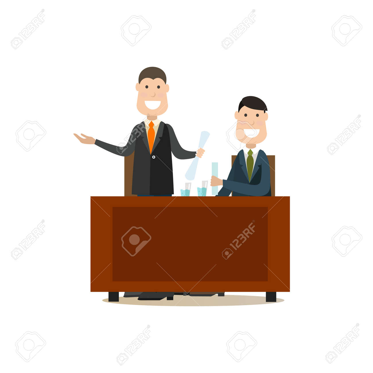彼のクライアントの無実の証拠を裁判所に提供する幸せな弁護士のベクター イラストです 法裁判所の人々 フラット スタイル デザイン要素 白い背景で隔離のアイコン のイラスト素材 ベクタ Image