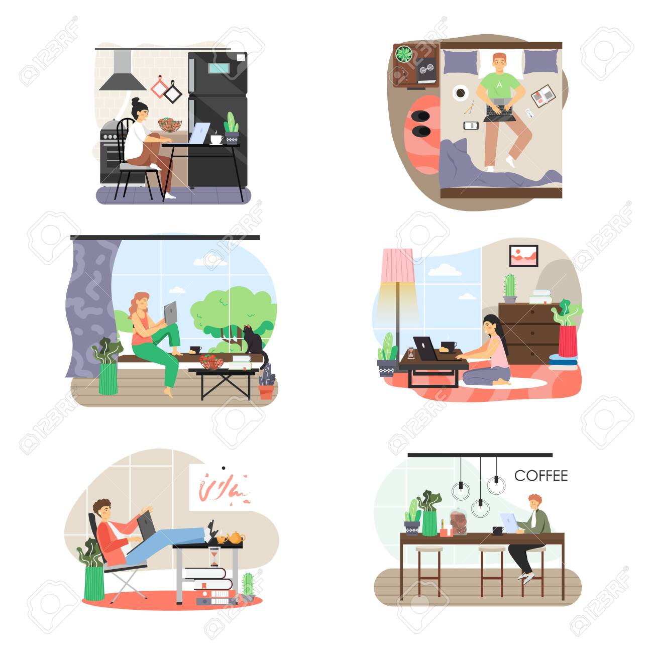 Freelance Set. People Working From Home Office, Coffee Shop, Flat Vector  Illustration. Remote Work, Distance Education. Royalty Free SVG, Cliparts,  Vectors, and Stock Illustration. Image 156597551., image size:1300x1300