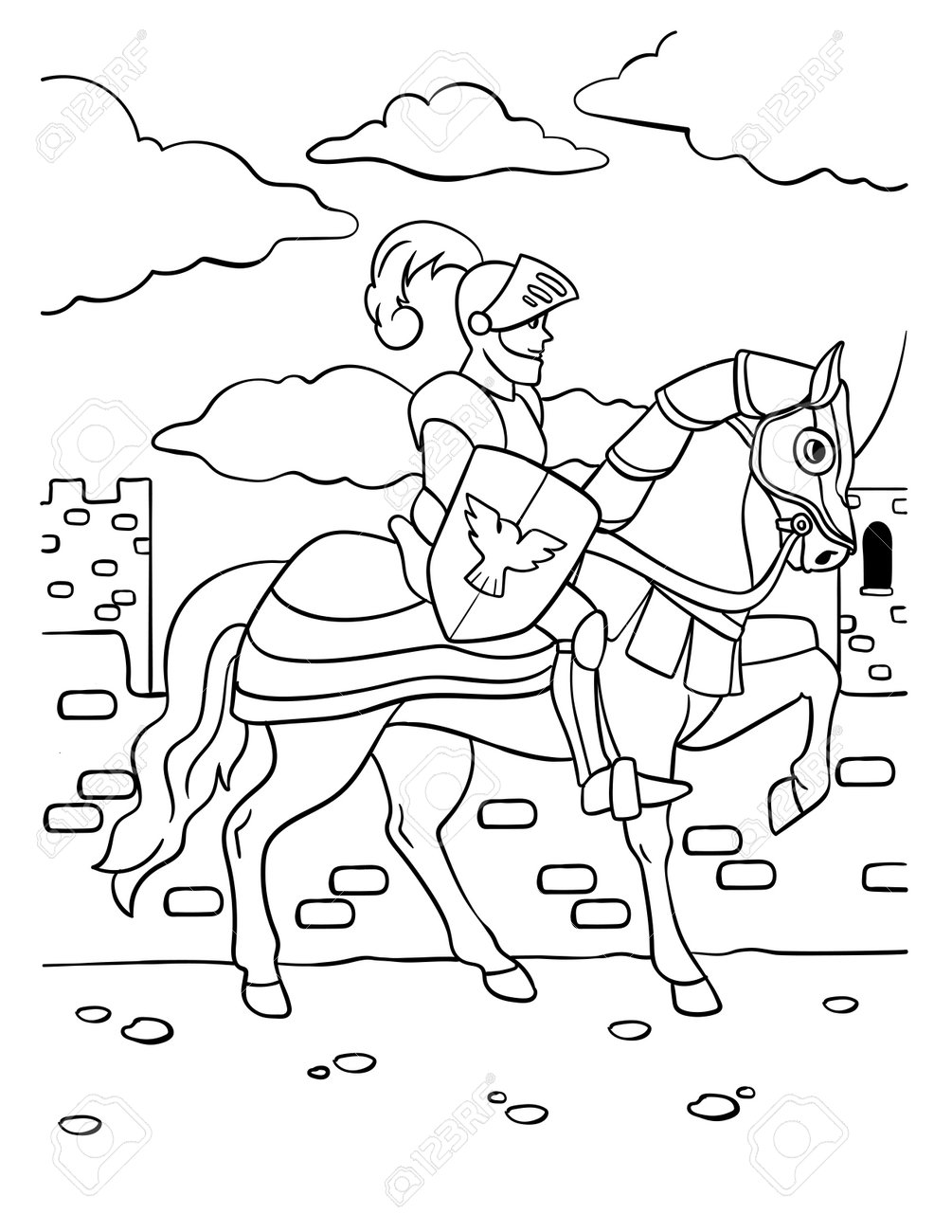 Knight On A Horse Coloring Page For Kids Royalty Free SVG, Cliparts,  Vectors, and Stock Illustration. Image 195596535., image size:1005x1300