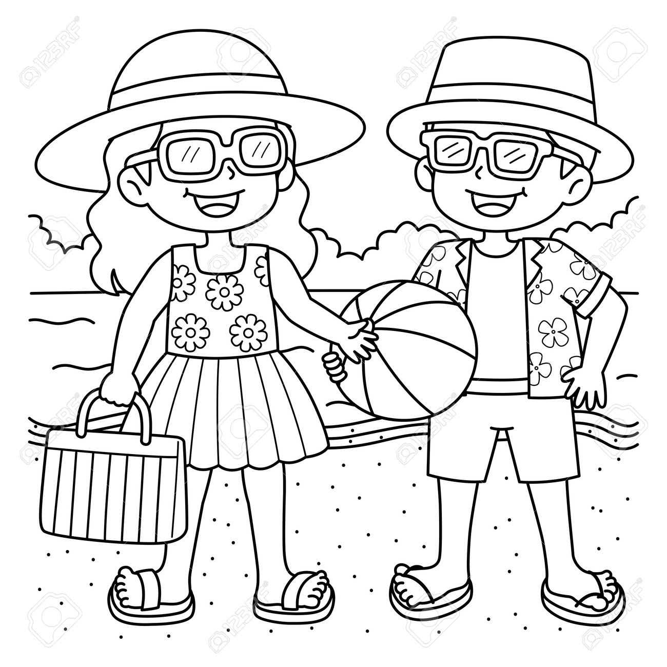 Children In A Summer Outfit Coloring Page For Kids Royalty Free SVG,  Cliparts, Vectors, and Stock Illustration. Image 209798111., image size:1300x1300