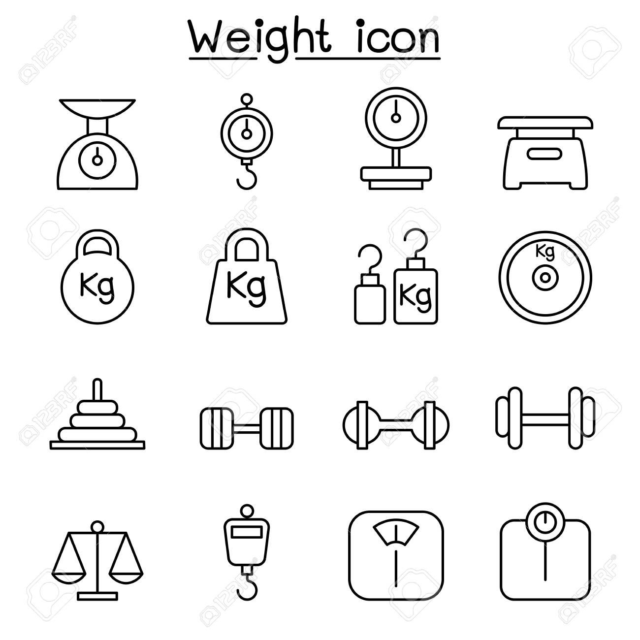 Weight, Scale, Balance, Icon Set In Thin Line Style Royalty Free SVG,  Cliparts, Vectors, and Stock Illustration. Image 73680828., image size:1300x1300