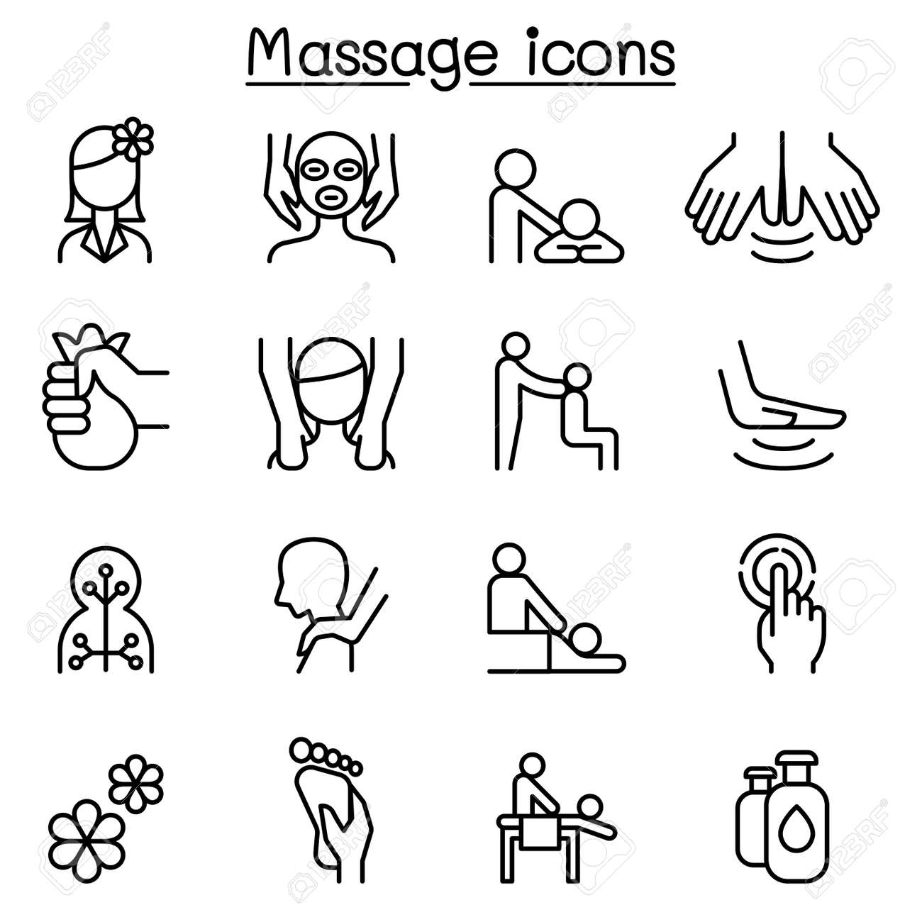 マッサージ スパ アイコンを薄い線のスタイルの設定のイラスト素材 ベクタ Image