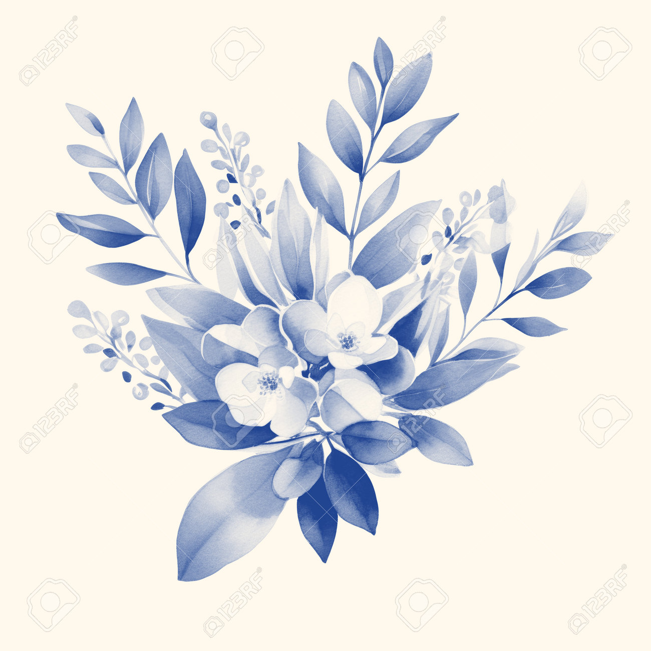 Wedding Floral Composition, Watercolor Big Flowers, Navy Blue Design,  Isolated On Ecru Background, Botanical Illustration, Gentle And Elegant  Beautiful Flowers Bouquet, Perfect For Wedding Invitation, Stock Photo,  Picture and Royalty Free Image., image size:1300x1300