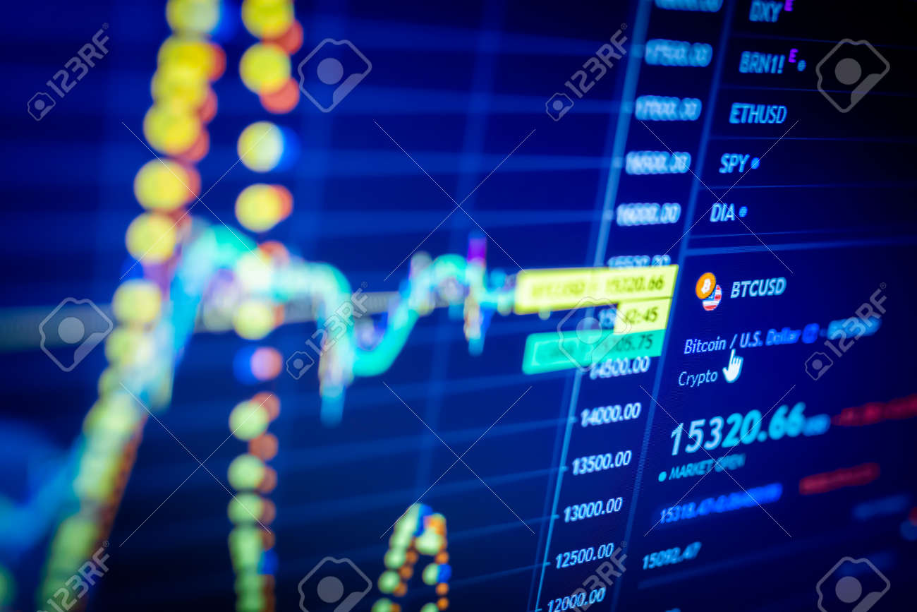 Análisis De Datos En El Mercado De Criptomonedas De Intercambio: Los  Gráficos De Velas, Barras Y Otros Indicadores De Análisis Comercial En  Pantalla. Análisis De Cambio De Precio Criptomoneda BTC A USD -