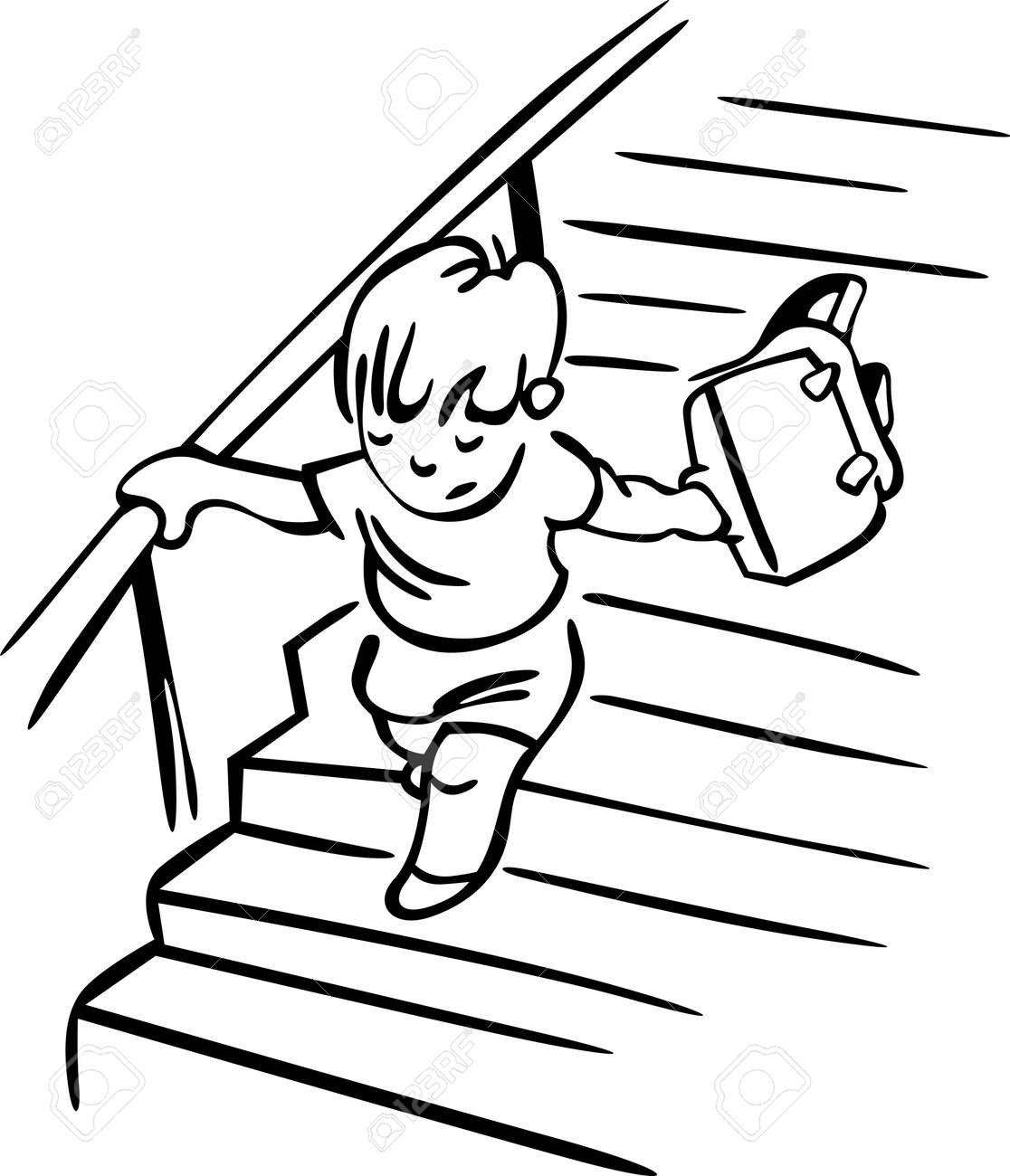 The Child Runs Up The Stairs During The Break. The Student Is In A Hurry  And Is Holding A Schoolbag In His Hand Royalty Free SVG, Cliparts, Vectors,  and Stock Illustration. Image, image size:1116x1300