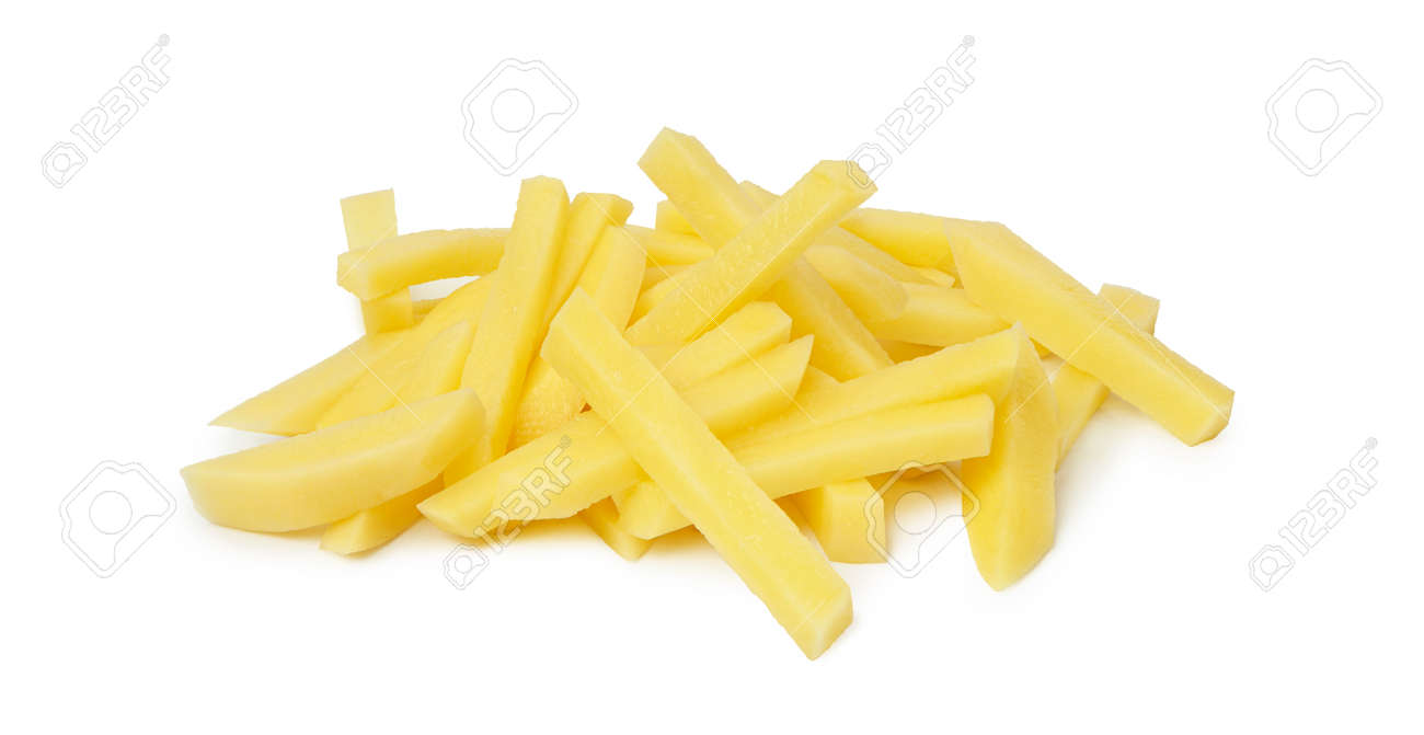 Raw Potato sliced strips prepared for French fries isolated on white background. - 167240281 Raw Potato sliced strips prepared for French fries isolated on white background. - 167240281