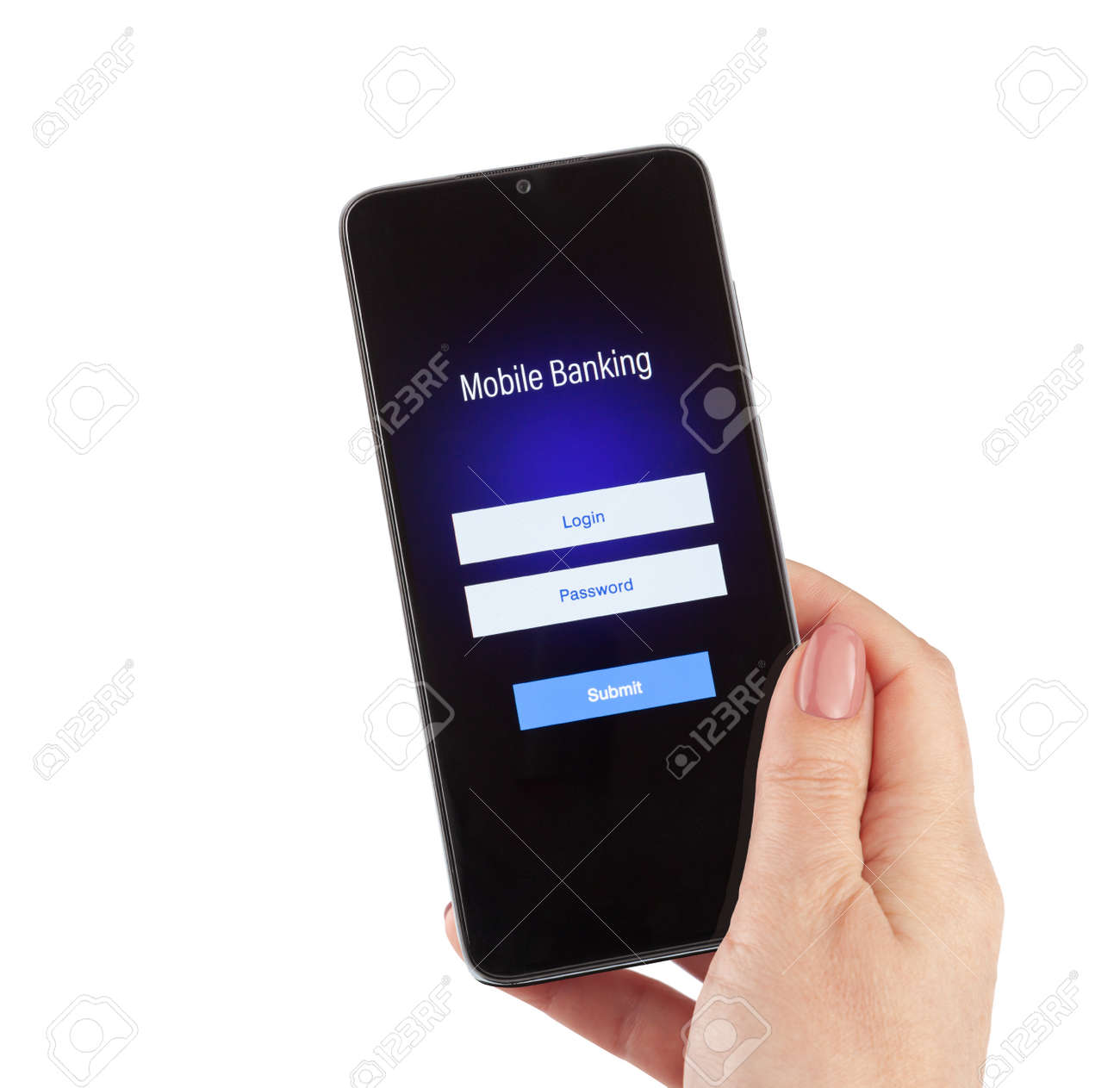 Female hand hold mobile banking on a smartphone on white background - 170242795 Female hand hold mobile banking on a smartphone on white background - 170242795