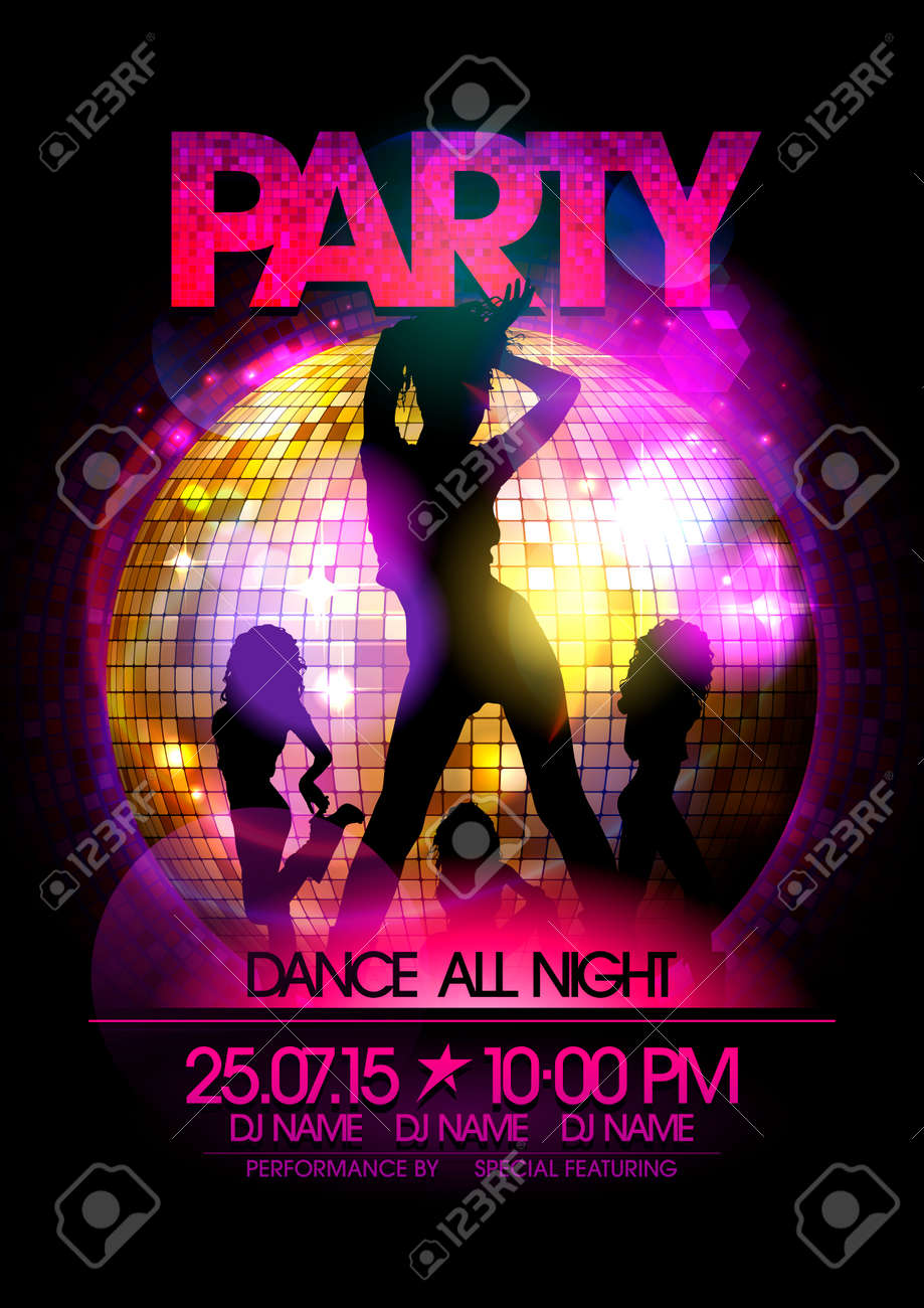 dance party poster with go go dancers girls silhouette and disco