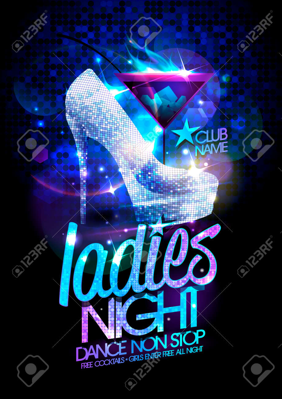 Ladies night poster illustration with high heeled diamond crystals shoes and burning cocktail. - 44626350 Ladies night poster illustration with high heeled diamond crystals shoes and burning cocktail. - 44626350